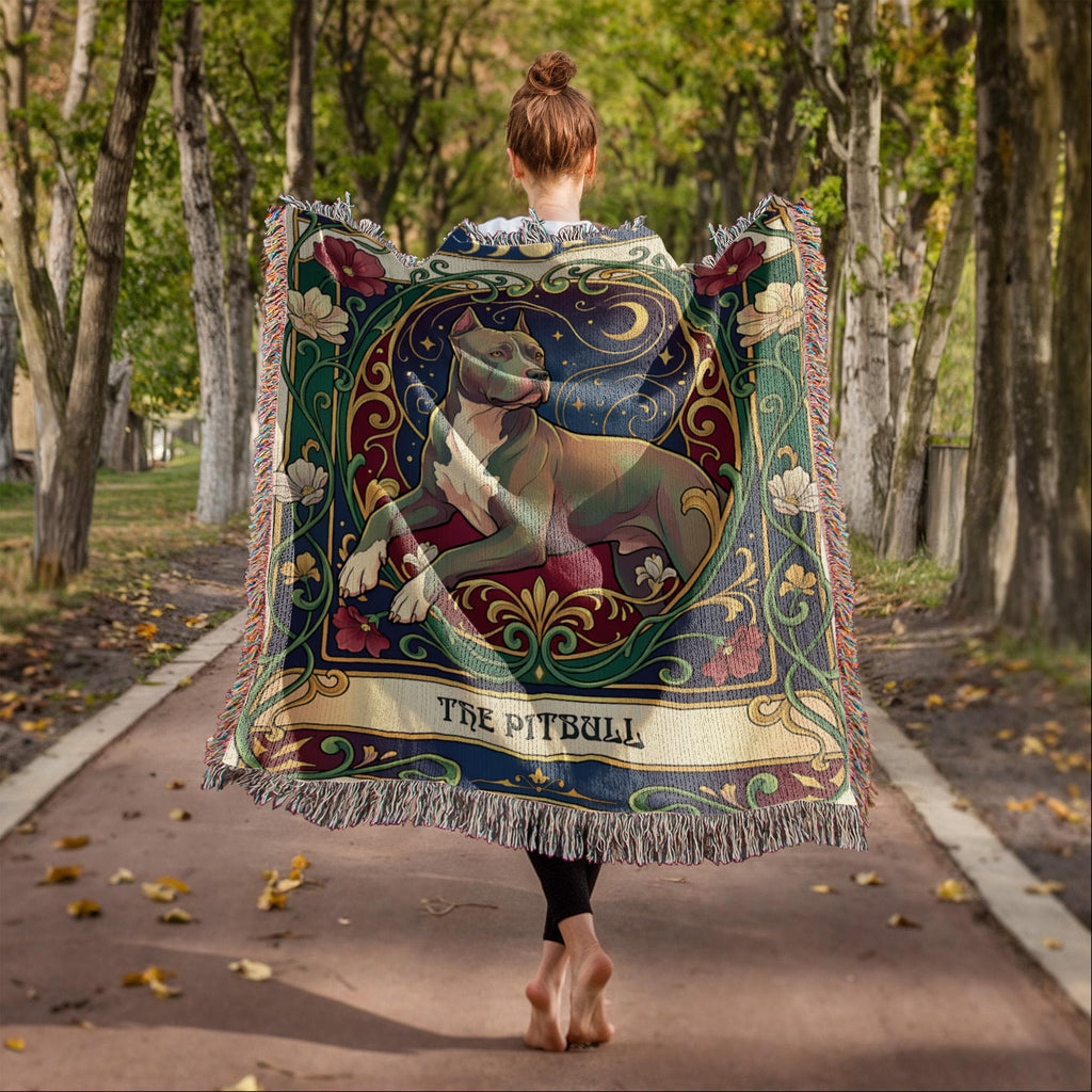 🐾 Woven Blanket Tarot Card - Pitbull laying with flowers