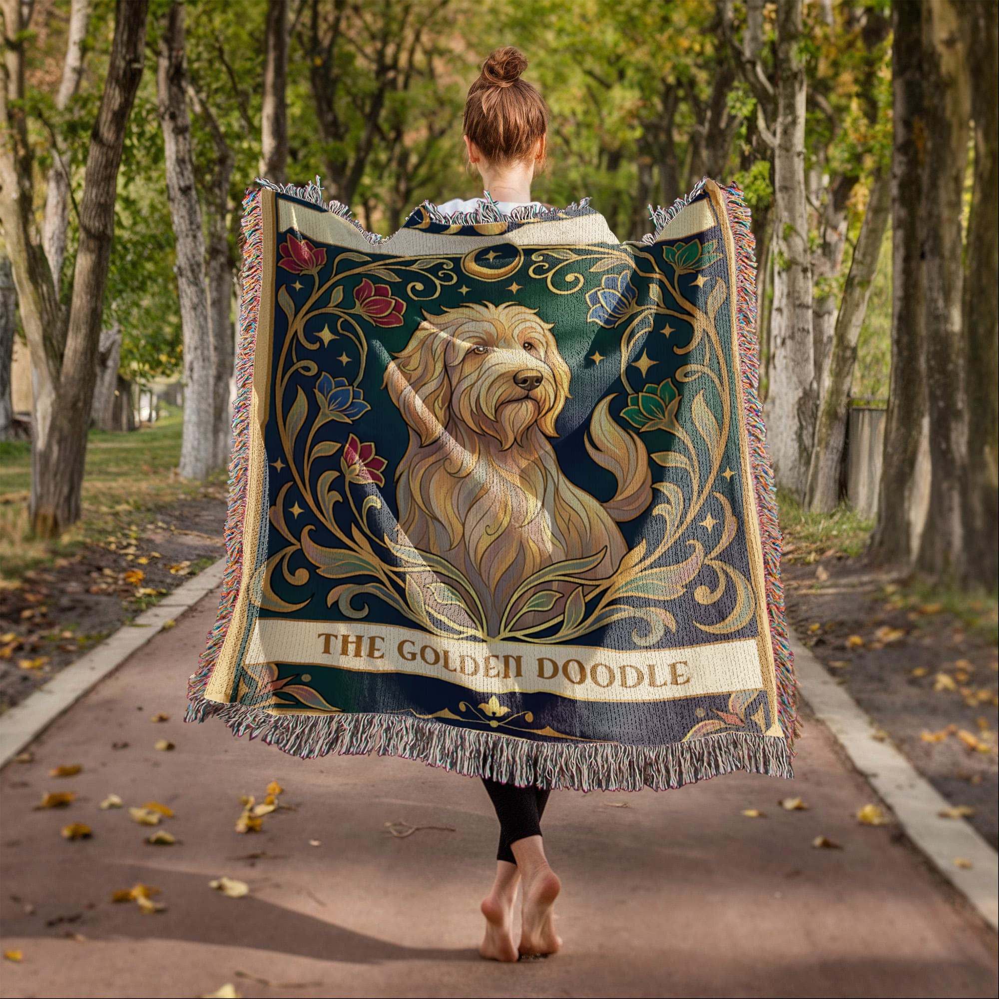 🐾 Woven Blanket Tarot Card - Golden Doodle Stained Glass