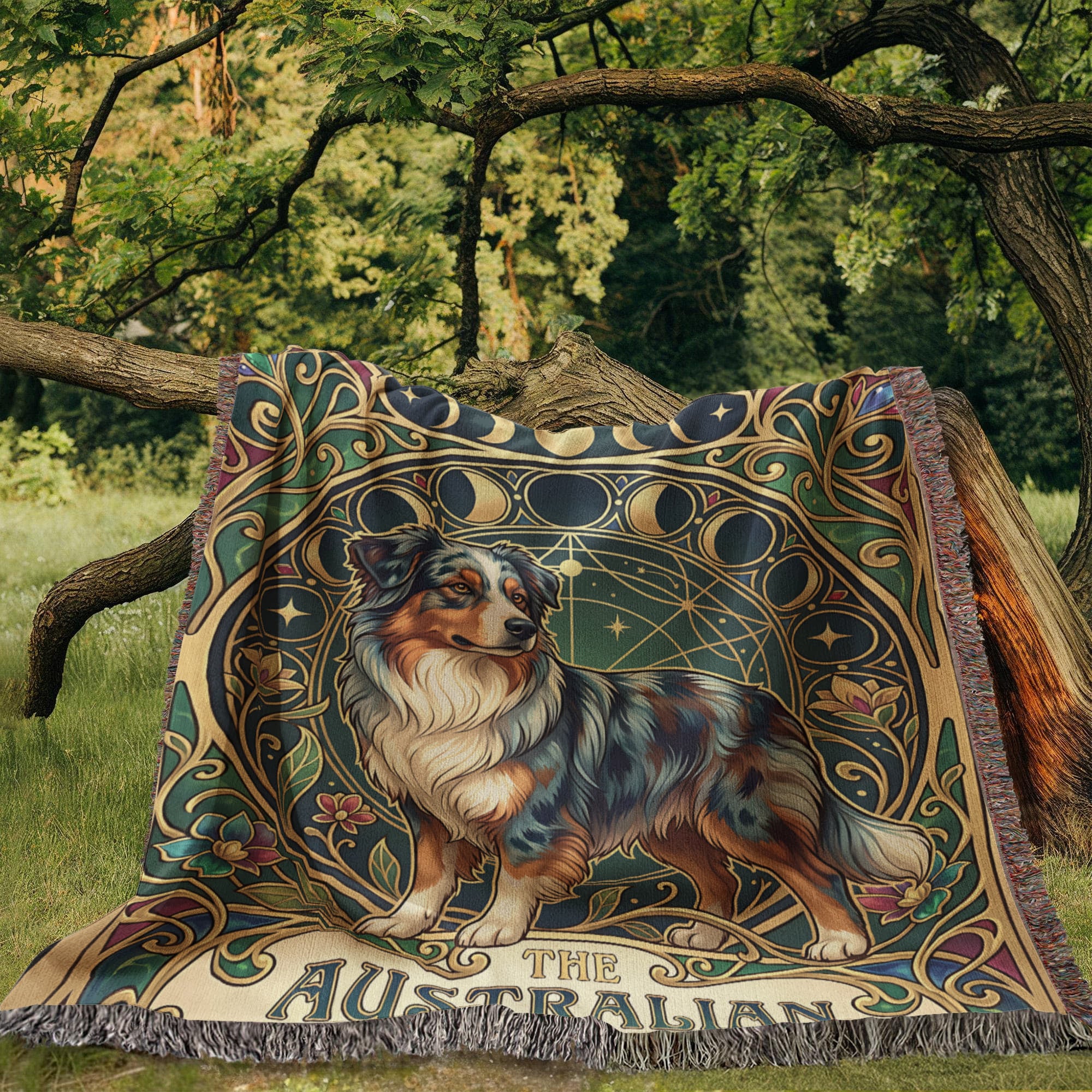 🐾 Woven Blanket Tarot Card - Australian Shepard Art Deco