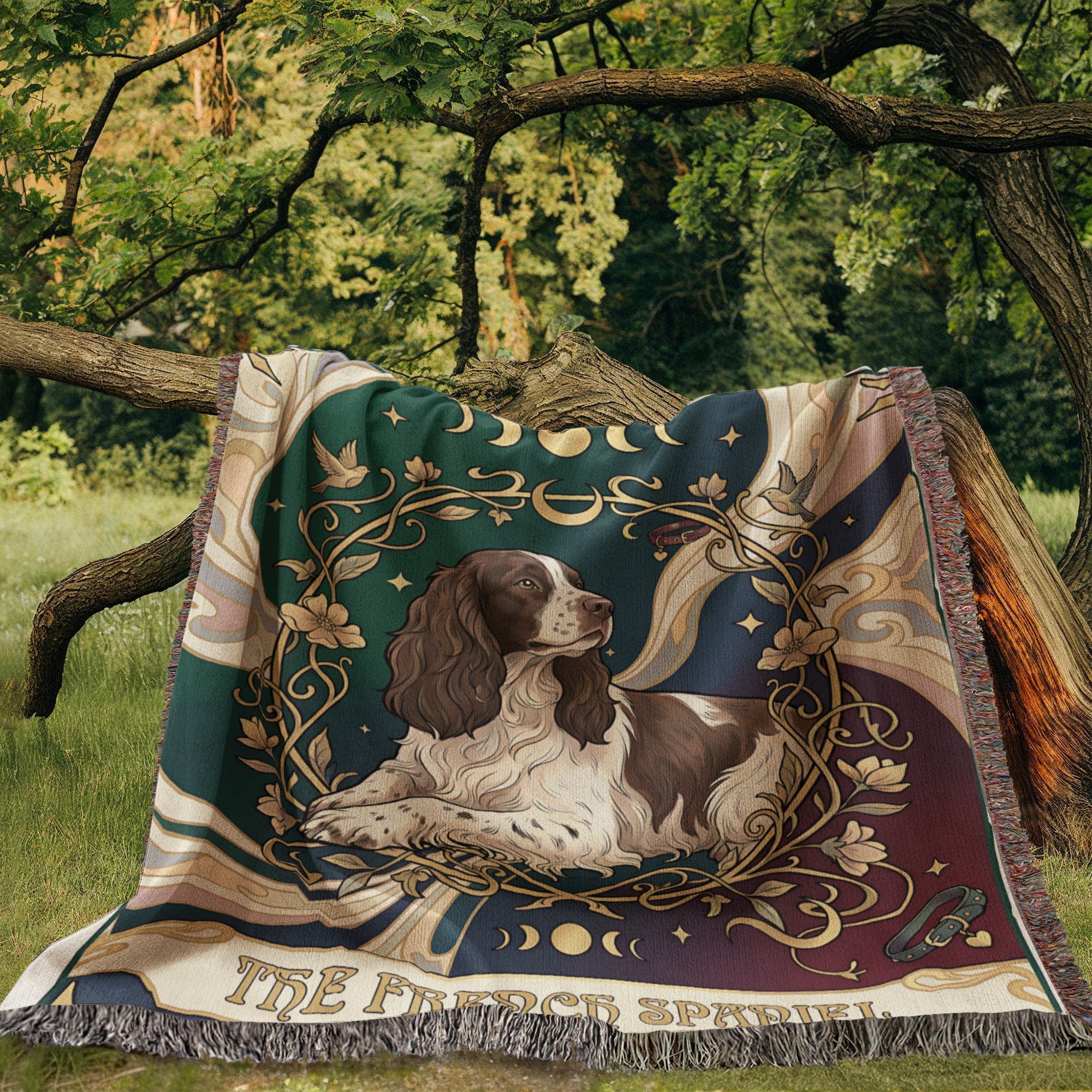 🐾 Woven Blanket Tarot Card - French Spaniel Laying Down