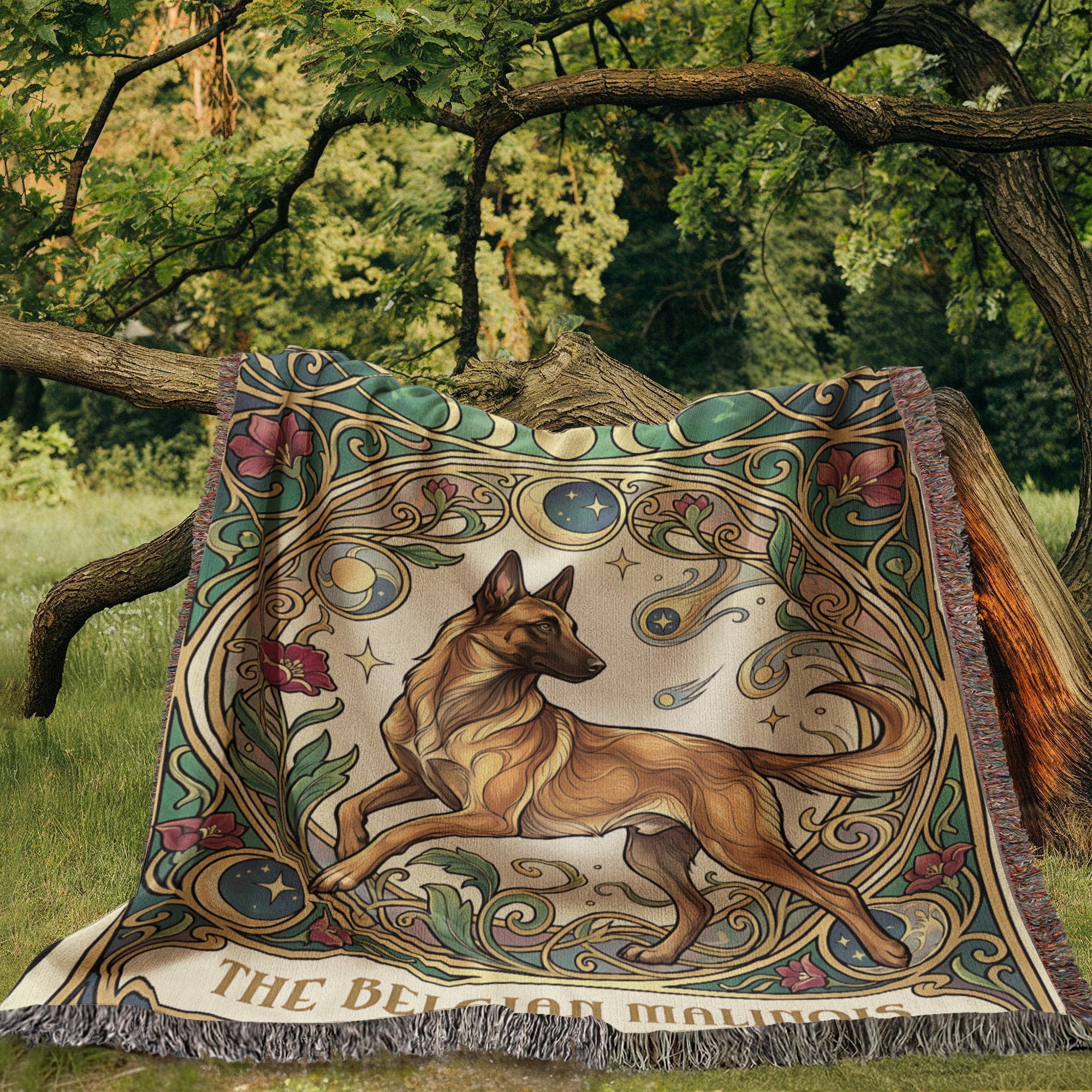 🐾 Woven Blanket Tarot Card - Belgian Malinois Stained Glass