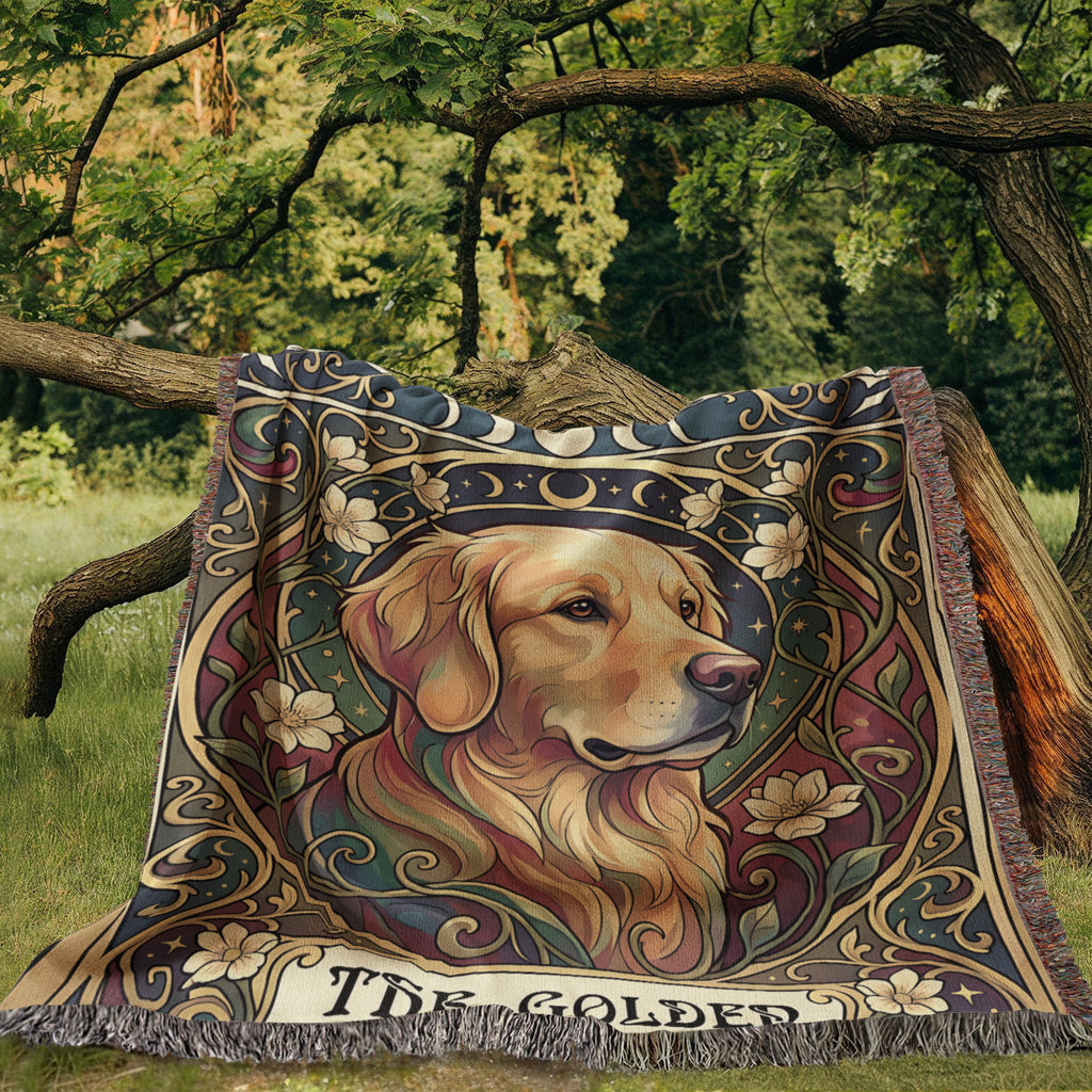 🐾 Woven Blanket Tarot Card - Golden Retriever Gold Frame with flowers
