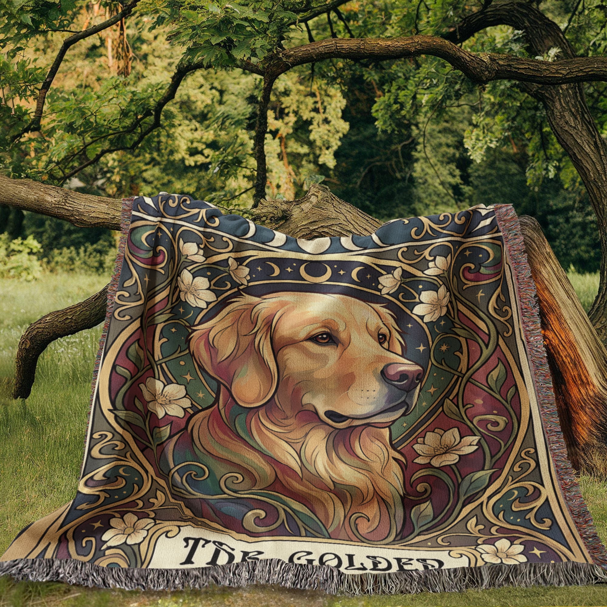 🐾 Woven Blanket Tarot Card - Golden Retriever Gold Frame with flowers