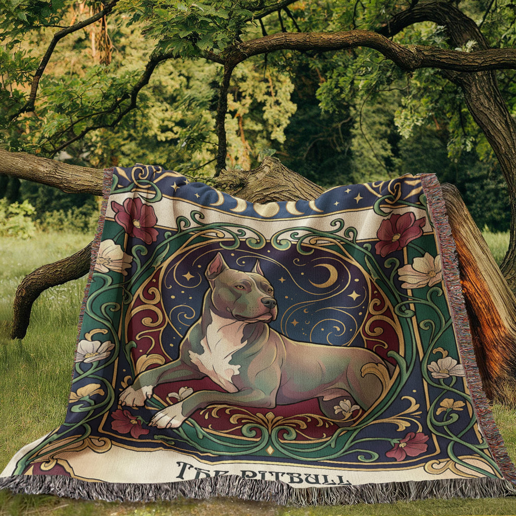 🐾 Woven Blanket Tarot Card - Pitbull laying with flowers