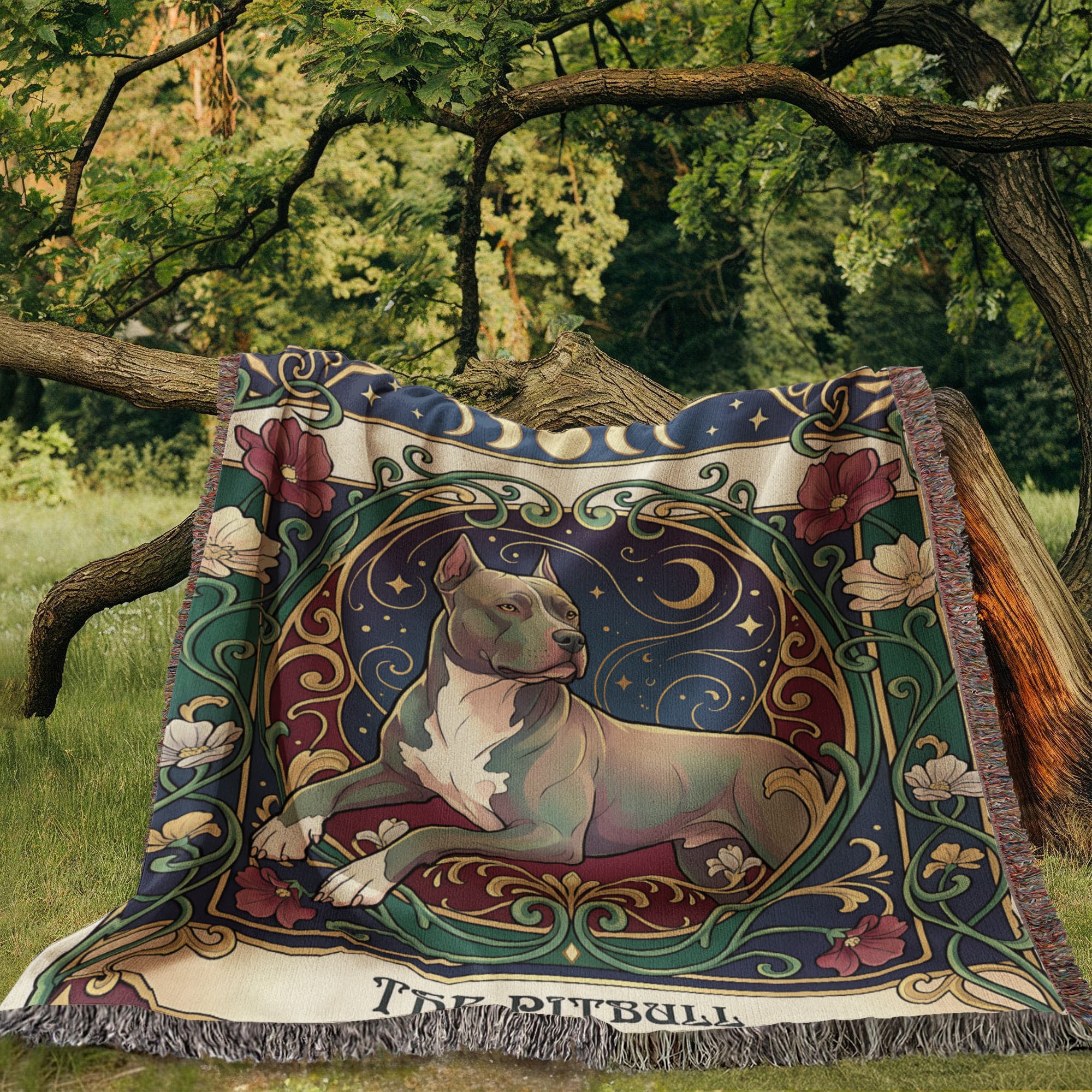 🐾 Woven Blanket Tarot Card - Pitbull laying with flowers