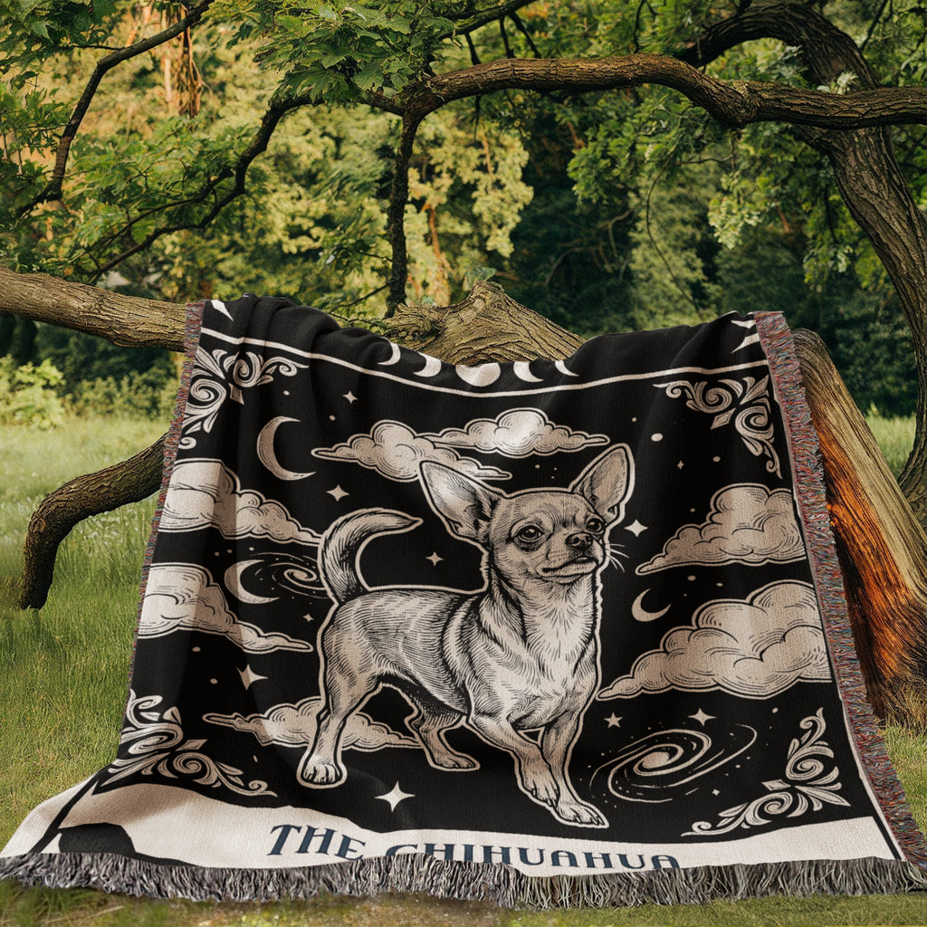 🐾 Woven Blanket Tarot Card - Chihuahua Black and White edition