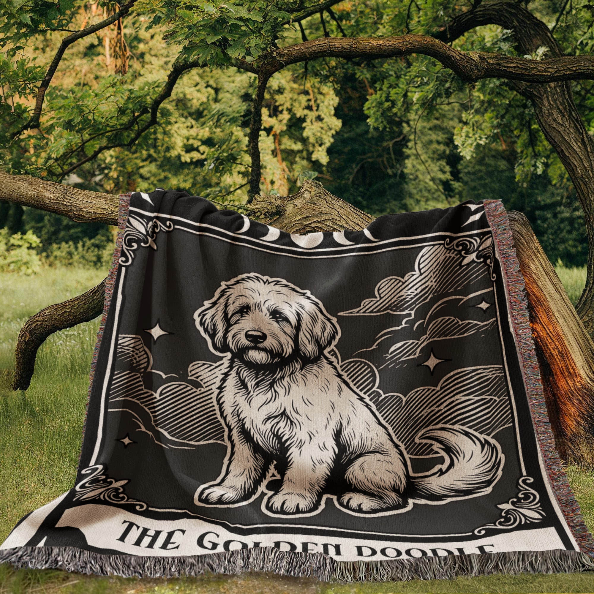 🐾 Woven Blanket Tarot Card - Golden Doodle Black&W