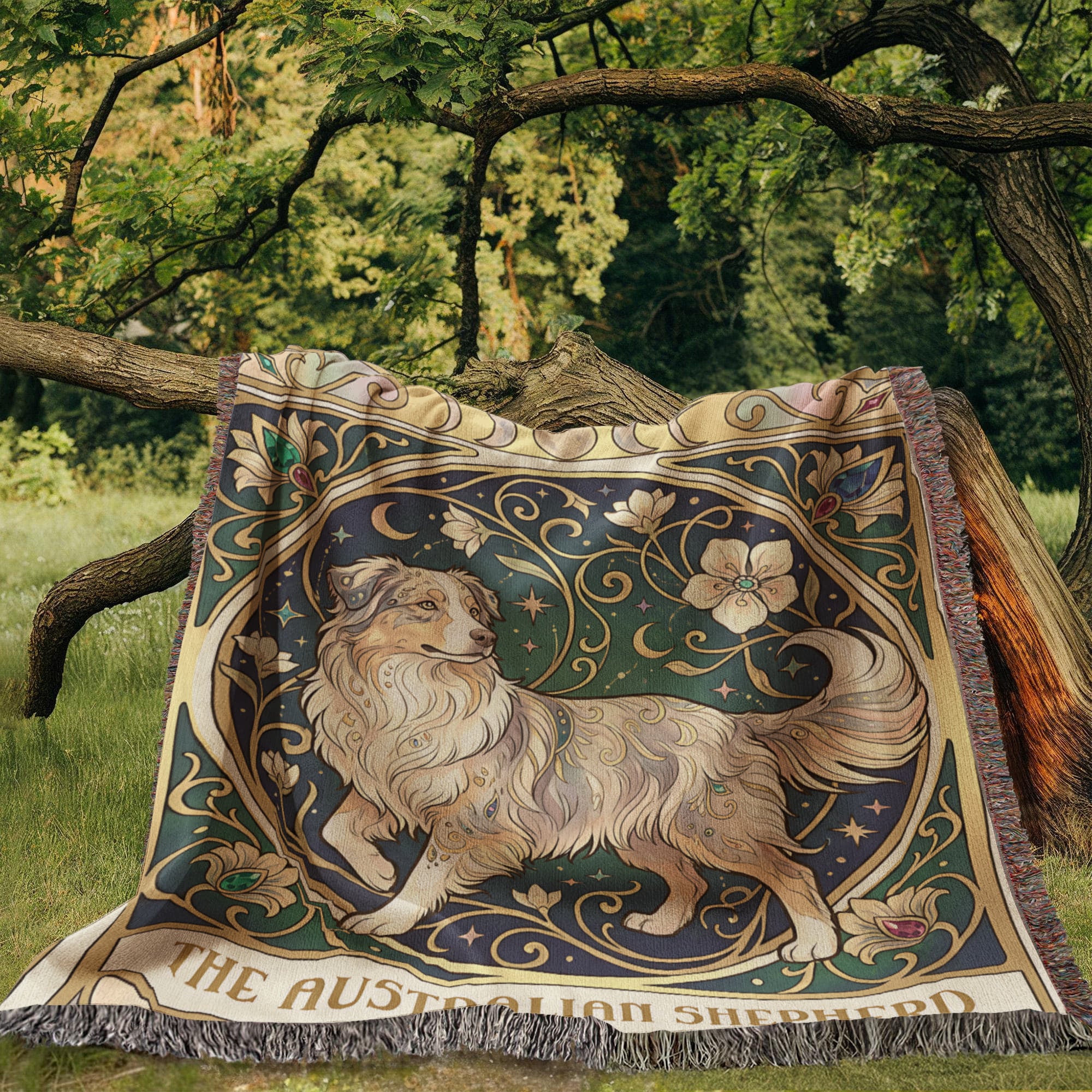 Australian Shepherd Art Nouveau Tarot Woven Blanket - Heirloom Cotton Throw