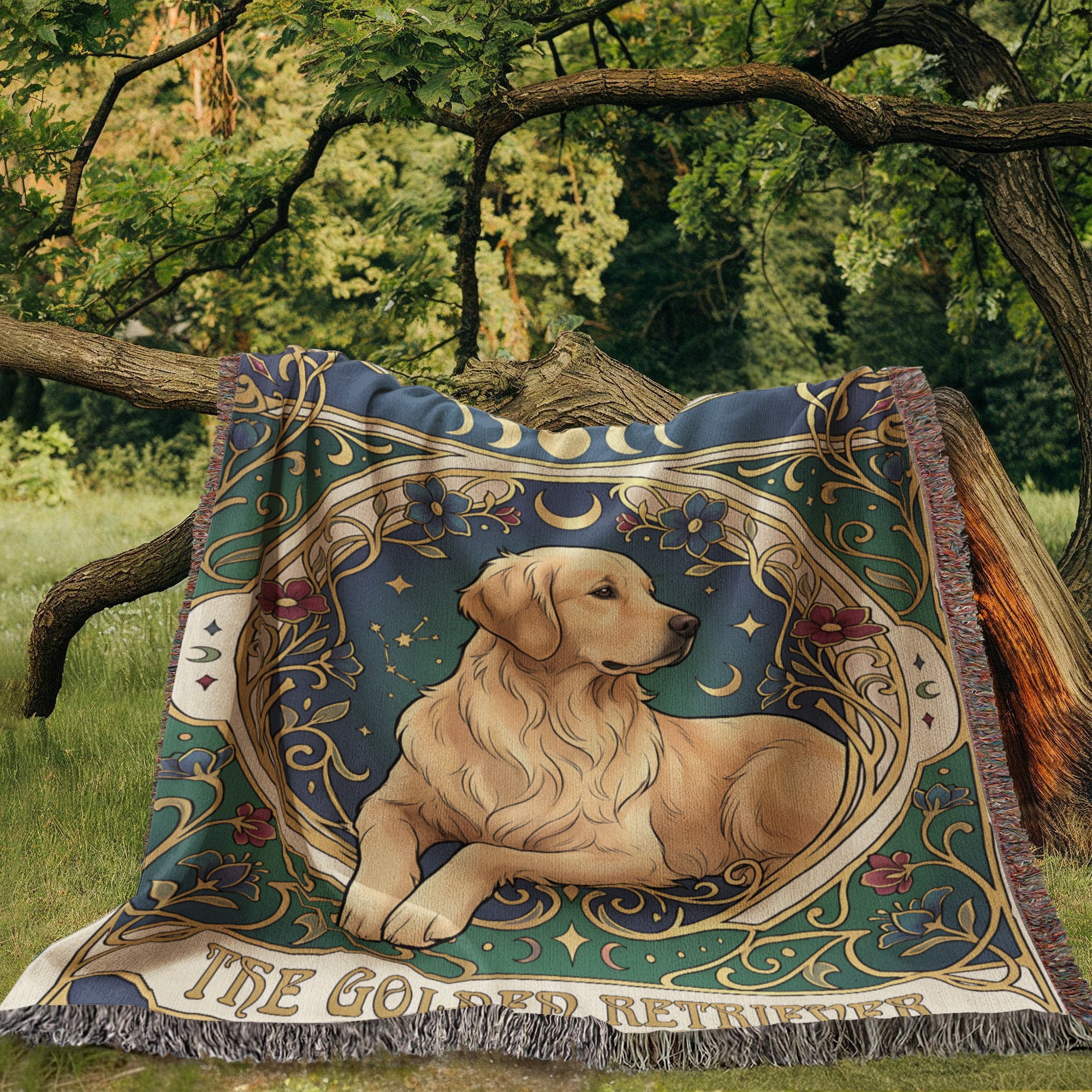 🐾 Woven Blanket Tarot Card - Golden retriever golden with red flowers