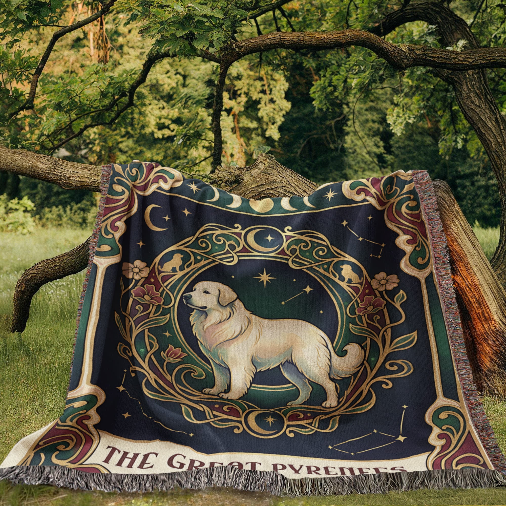 🐾 Woven Blanket Tarot Card - Great Pyrenees Green and Gold