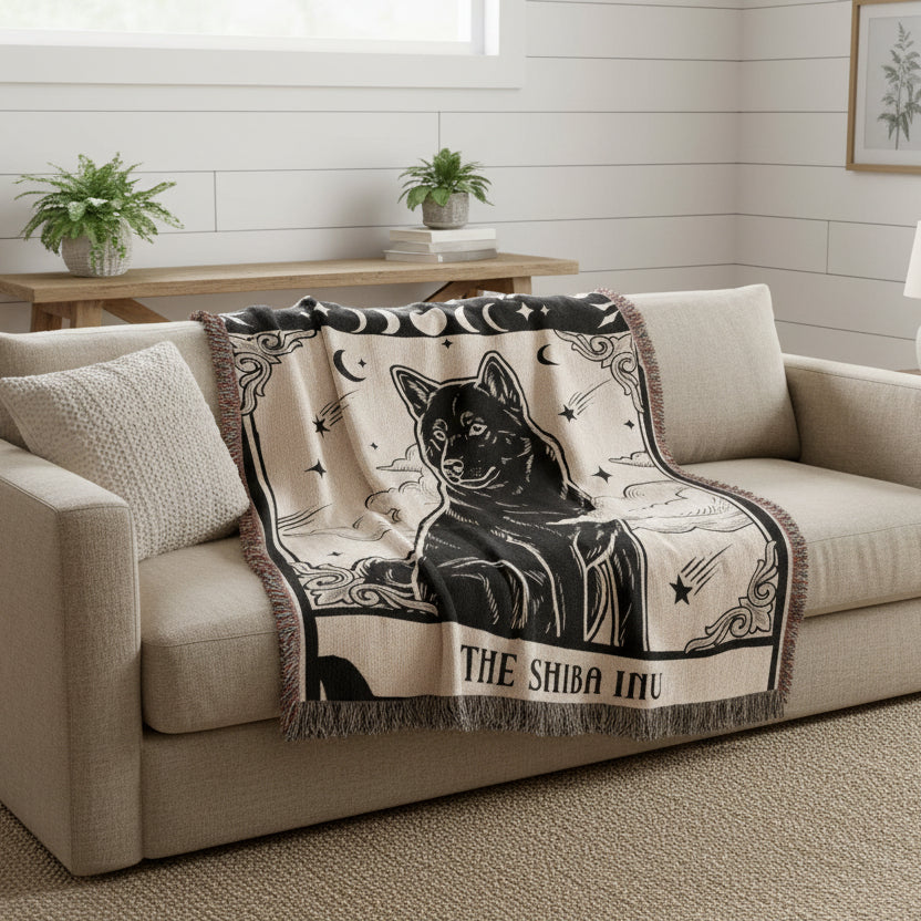 🐾 Woven Blanket Tarot Card - Shiba Imu B&W