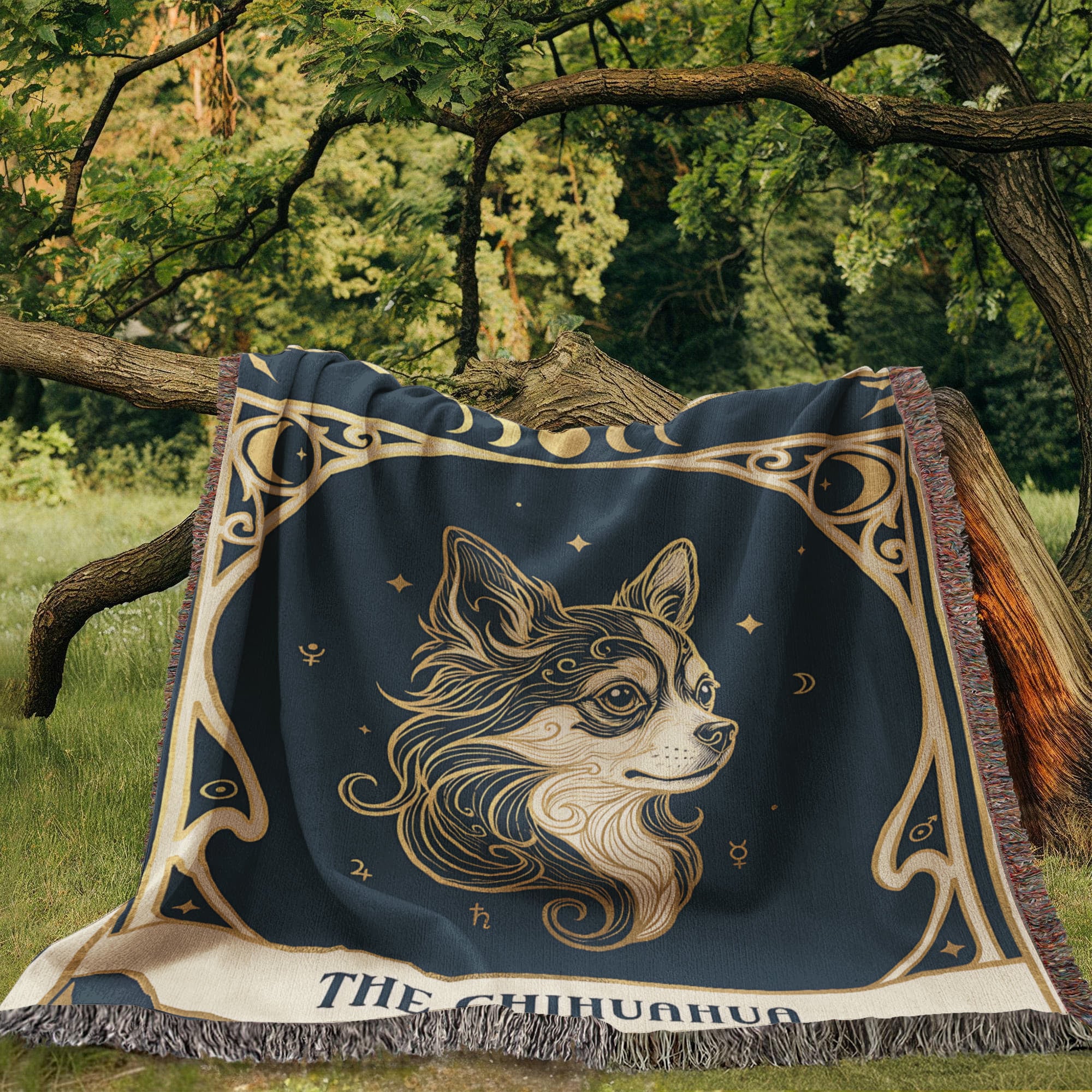🐾 Woven Blanket Tarot Card - Chihuahua Celestial
