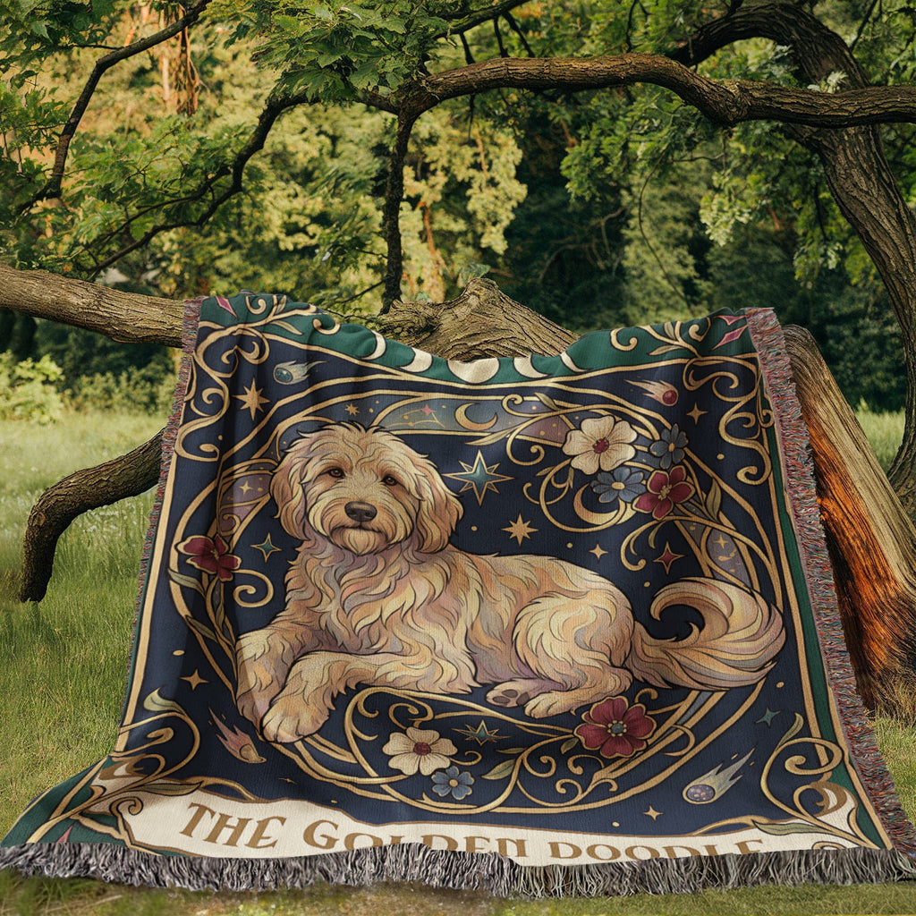 🐾 Woven Blanket Tarot Card - Golden Doodle Laying in flowers