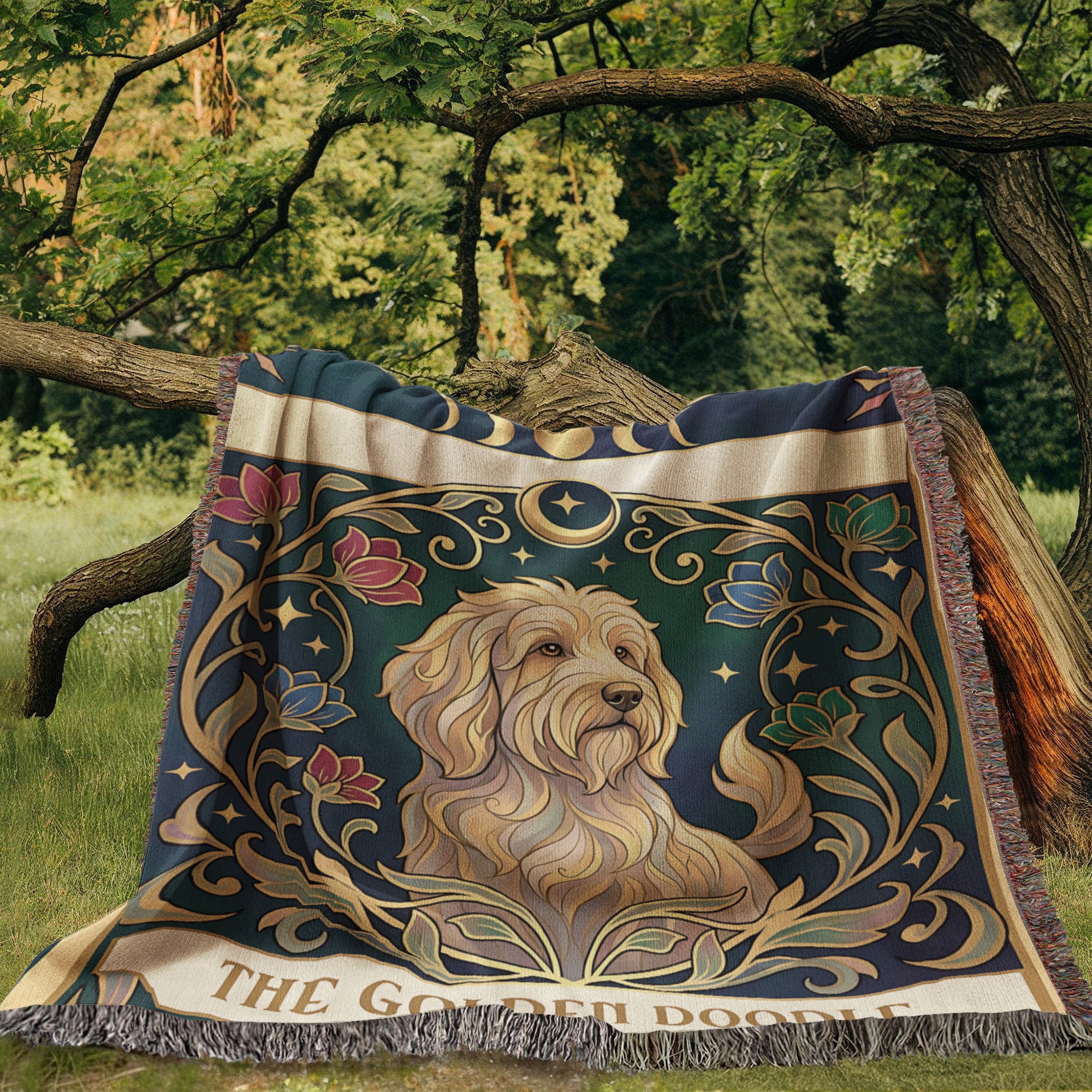 🐾 Woven Blanket Tarot Card - Golden Doodle Stained Glass