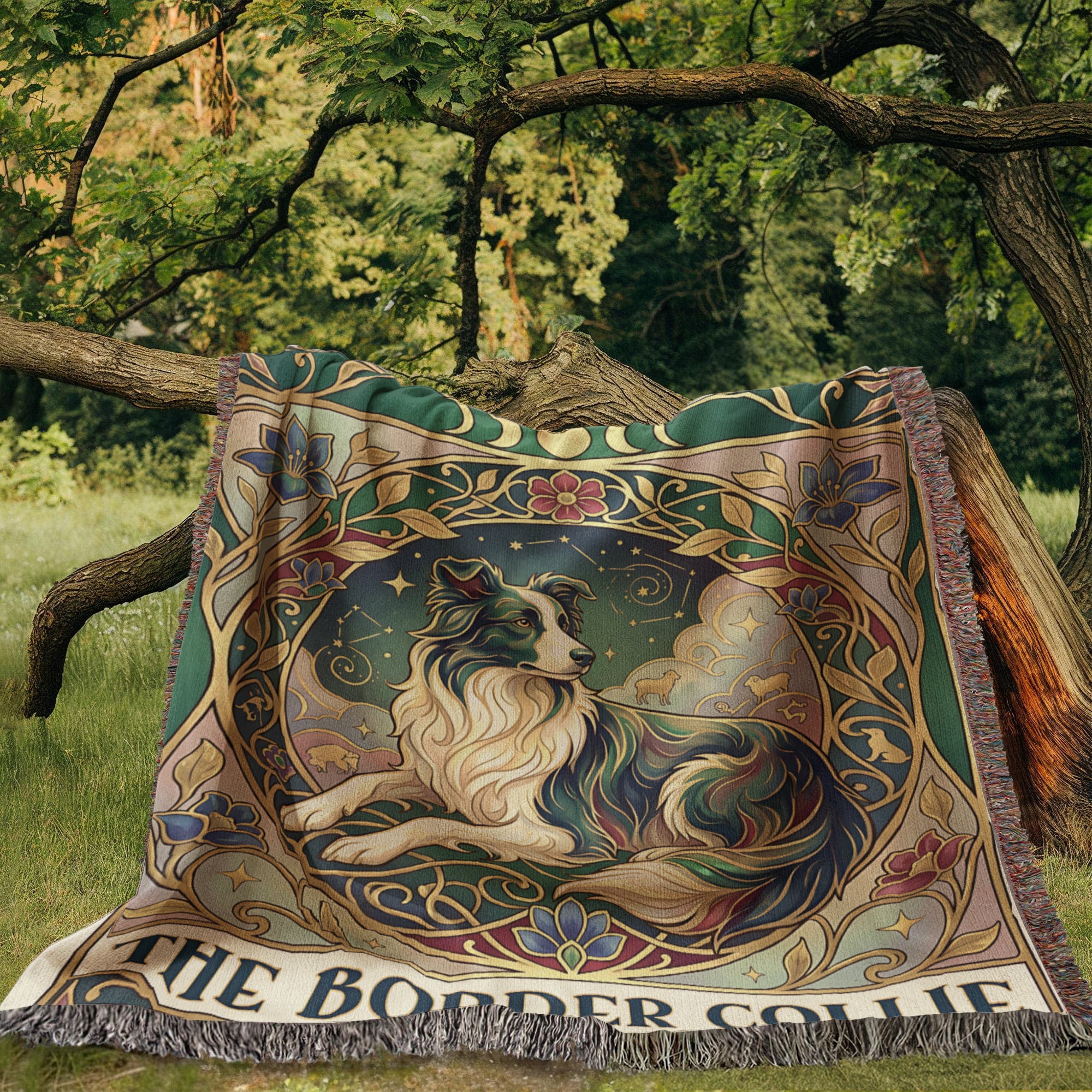 🐾 Woven Blanket Tarot Card - Border Collie Green & Gold