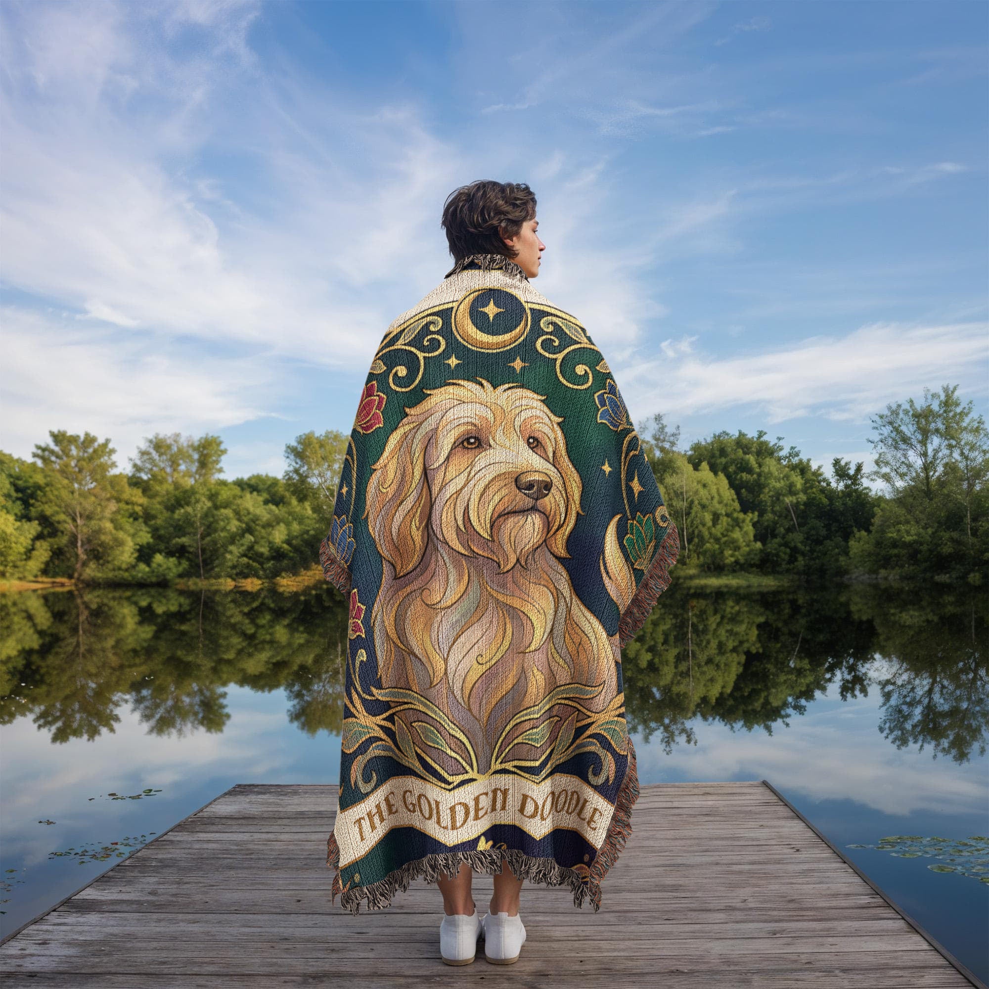 🐾 Woven Blanket Tarot Card - Golden Doodle Stained Glass