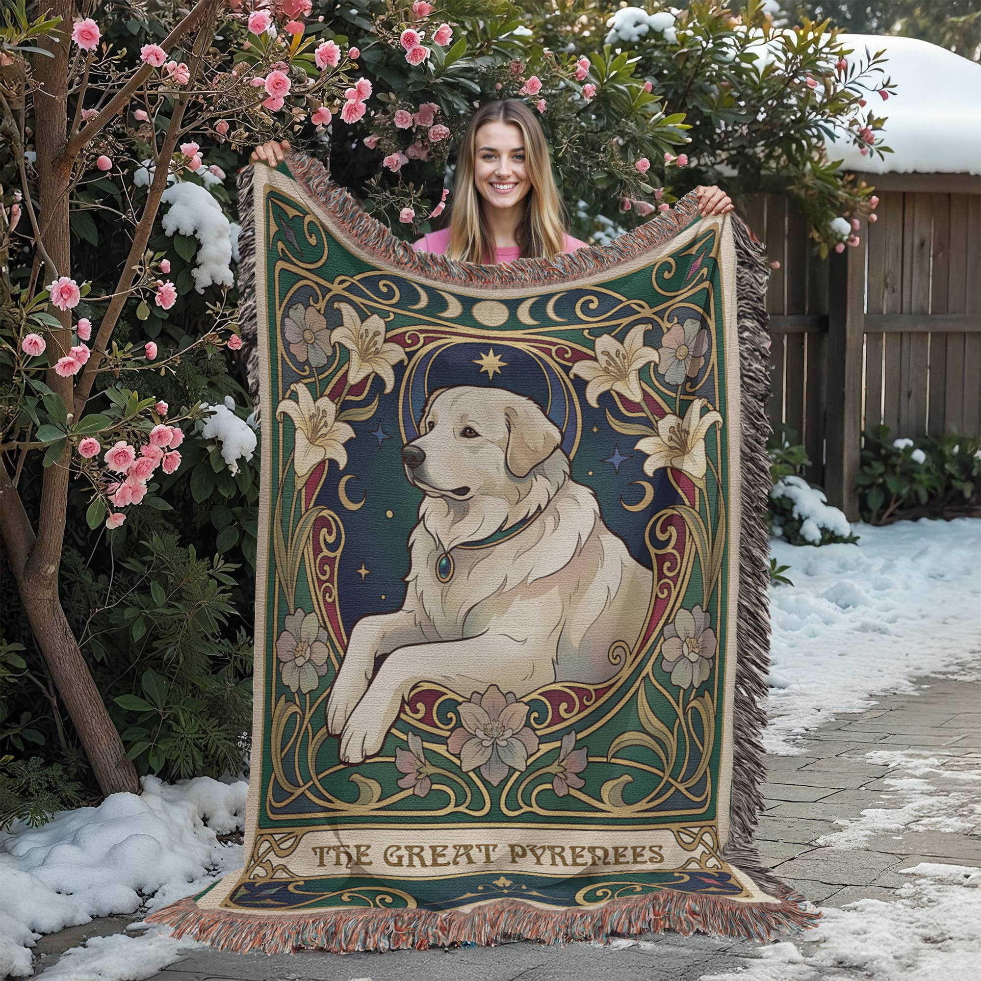 🐾 Woven Blanket Tarot Card Great Pyrenees Lillies
