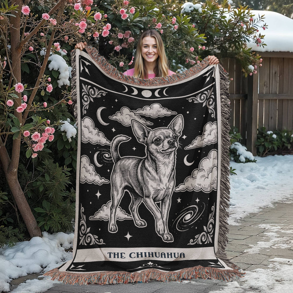 🐾 Woven Blanket Tarot Card - Chihuahua Black and White edition