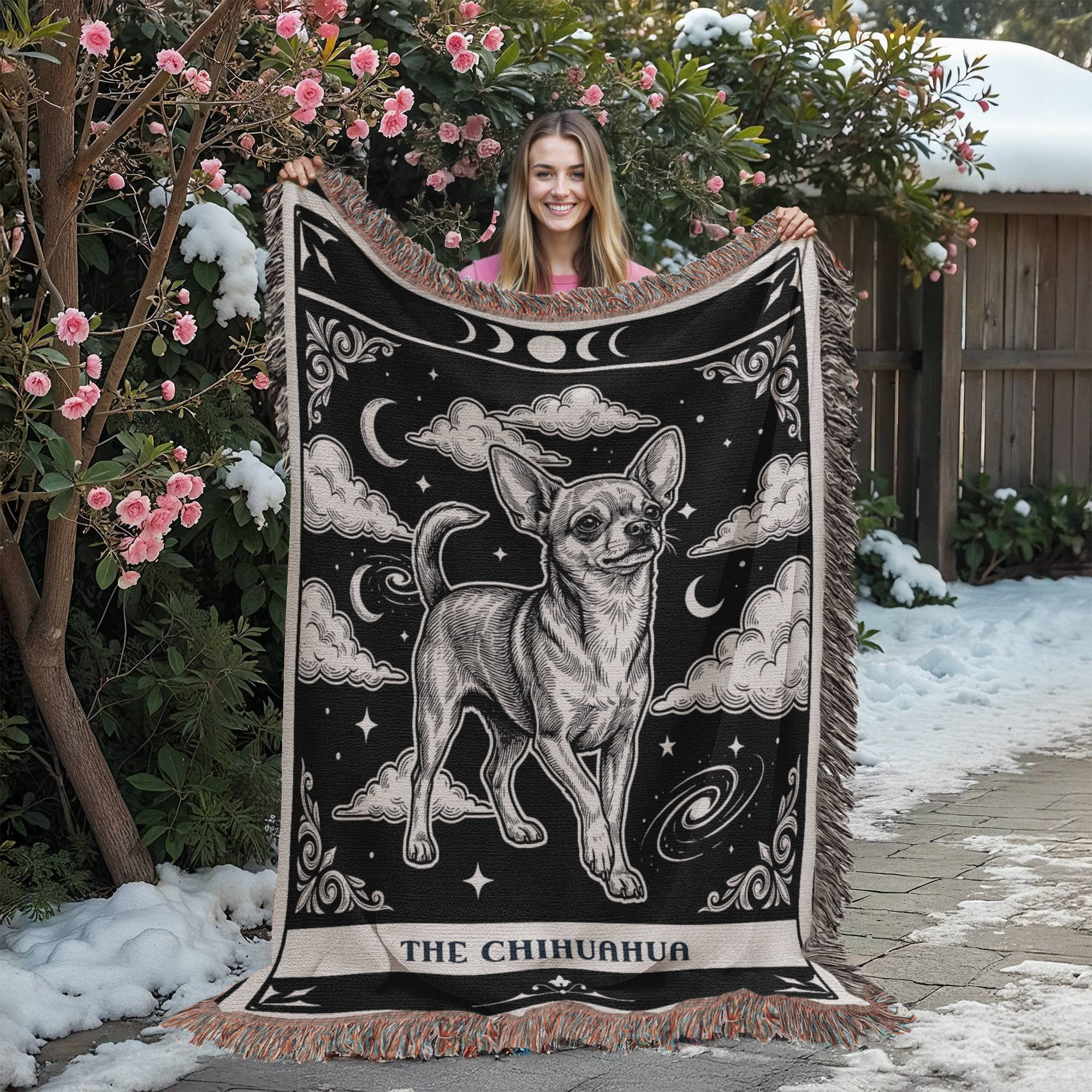 🐾 Woven Blanket Tarot Card - Chihuahua Black and White edition