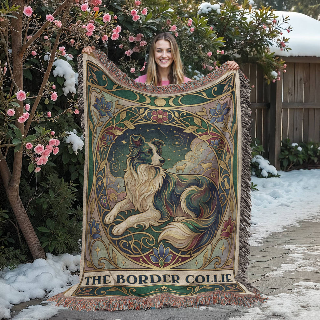🐾 Woven Blanket Tarot Card - Border Collie Green & Gold