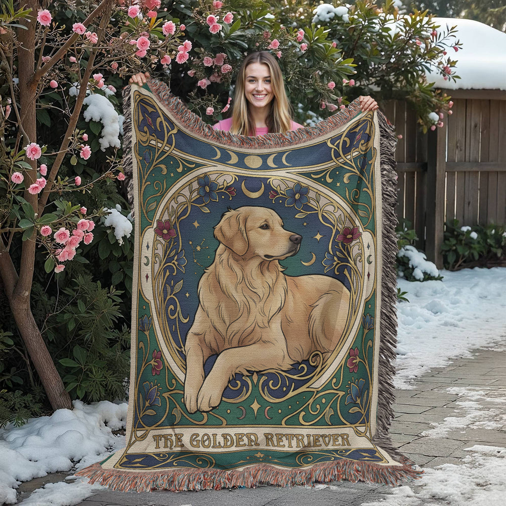 🐾 Woven Blanket Tarot Card - Golden retriever golden with red flowers