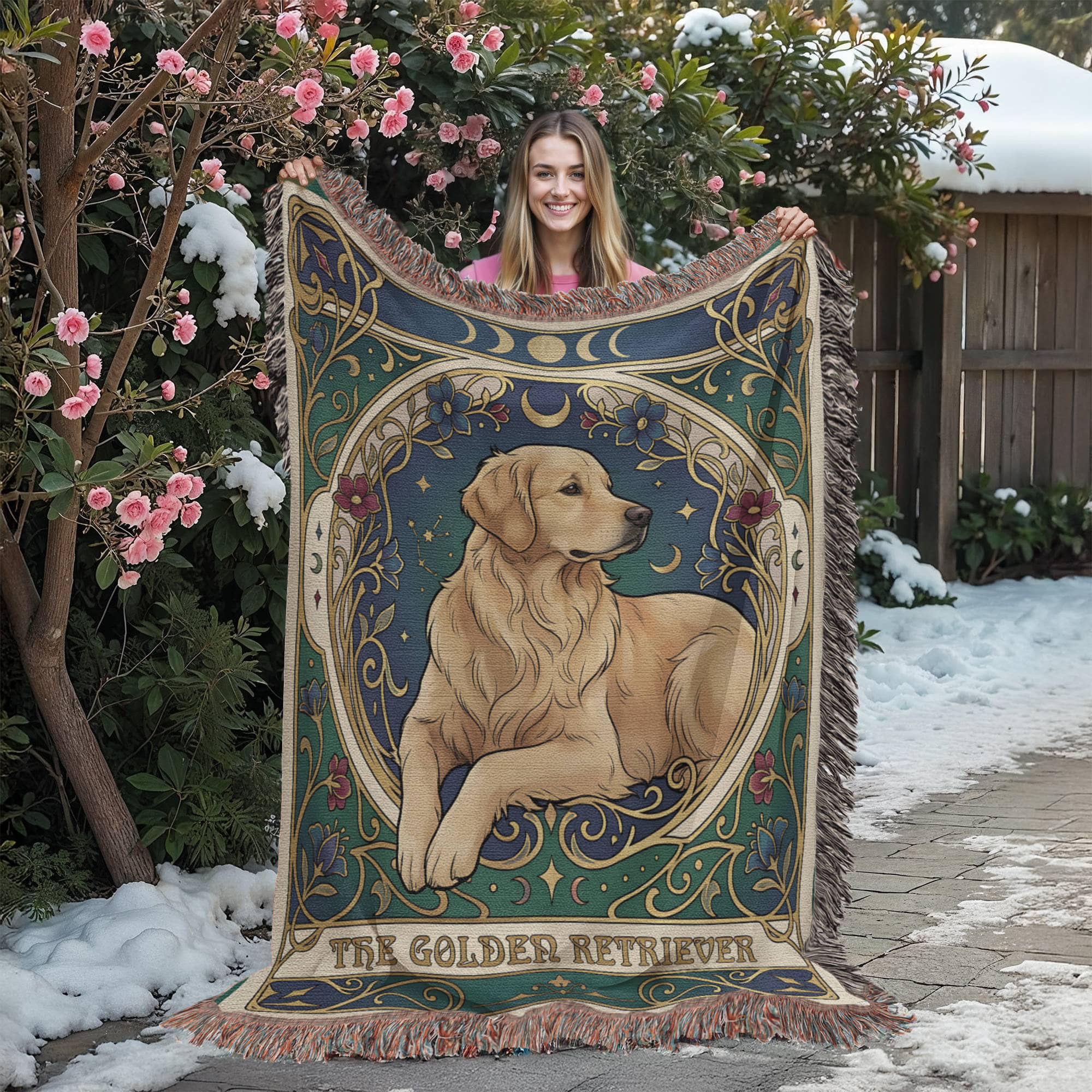 🐾 Woven Blanket Tarot Card - Golden retriever golden with red flowers