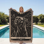 Person holding a blanket with a dog illustration by a pool
