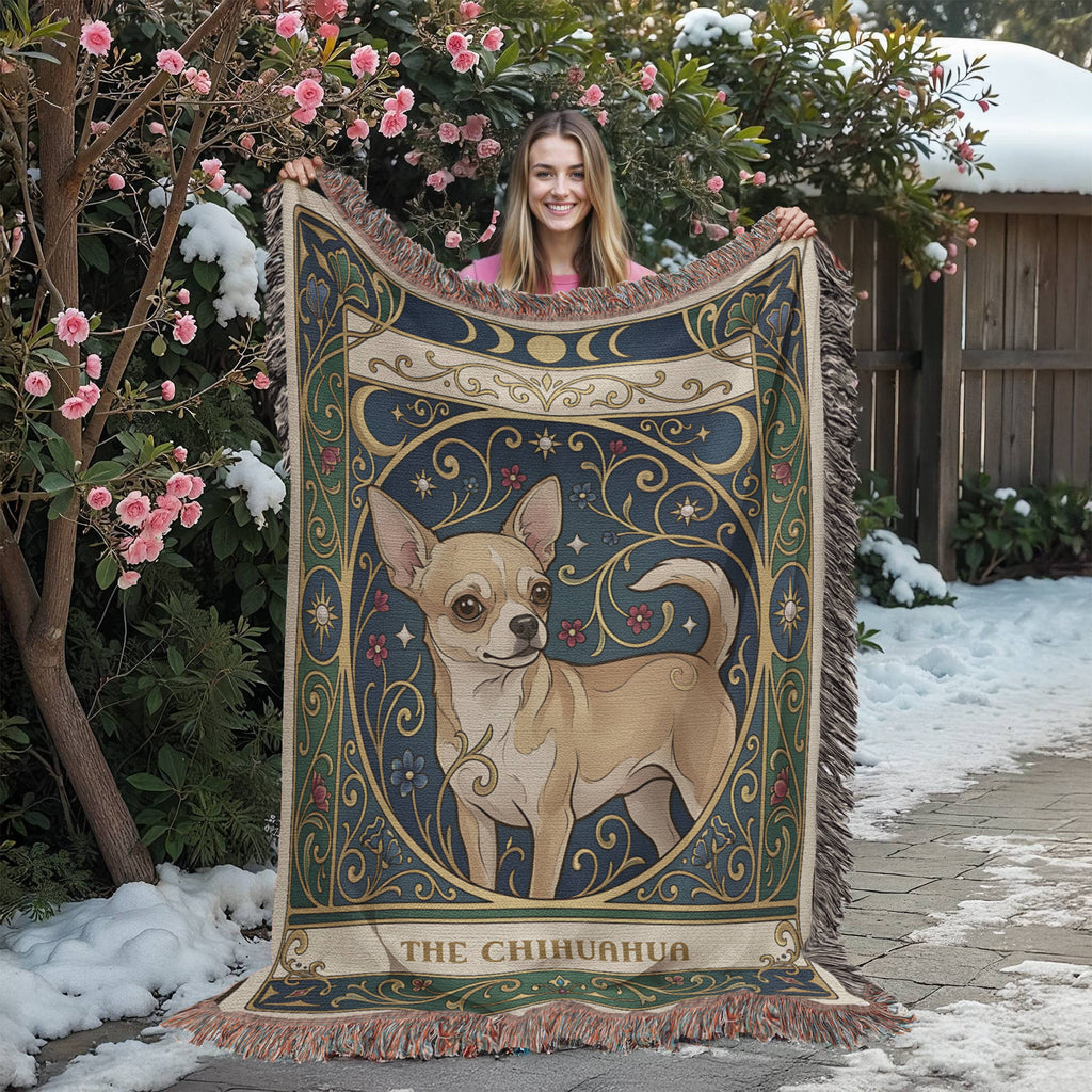 🐾 Woven Blanket Tarot Card - Chihuahua Golden Flowers