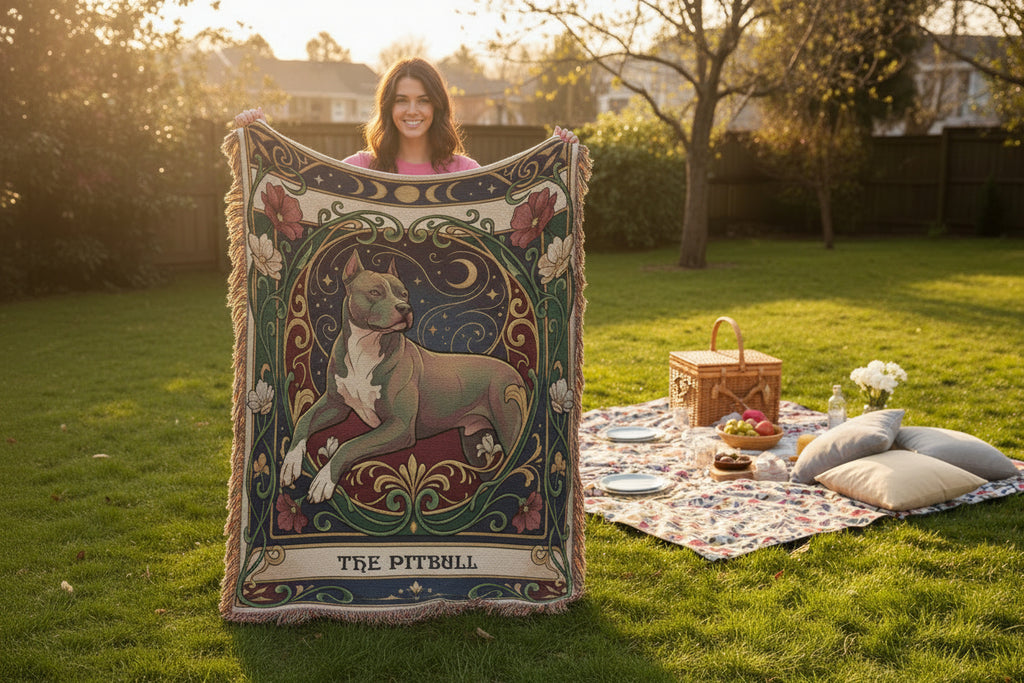 🐾 Woven Blanket Tarot Card - Pitbull laying with flowers