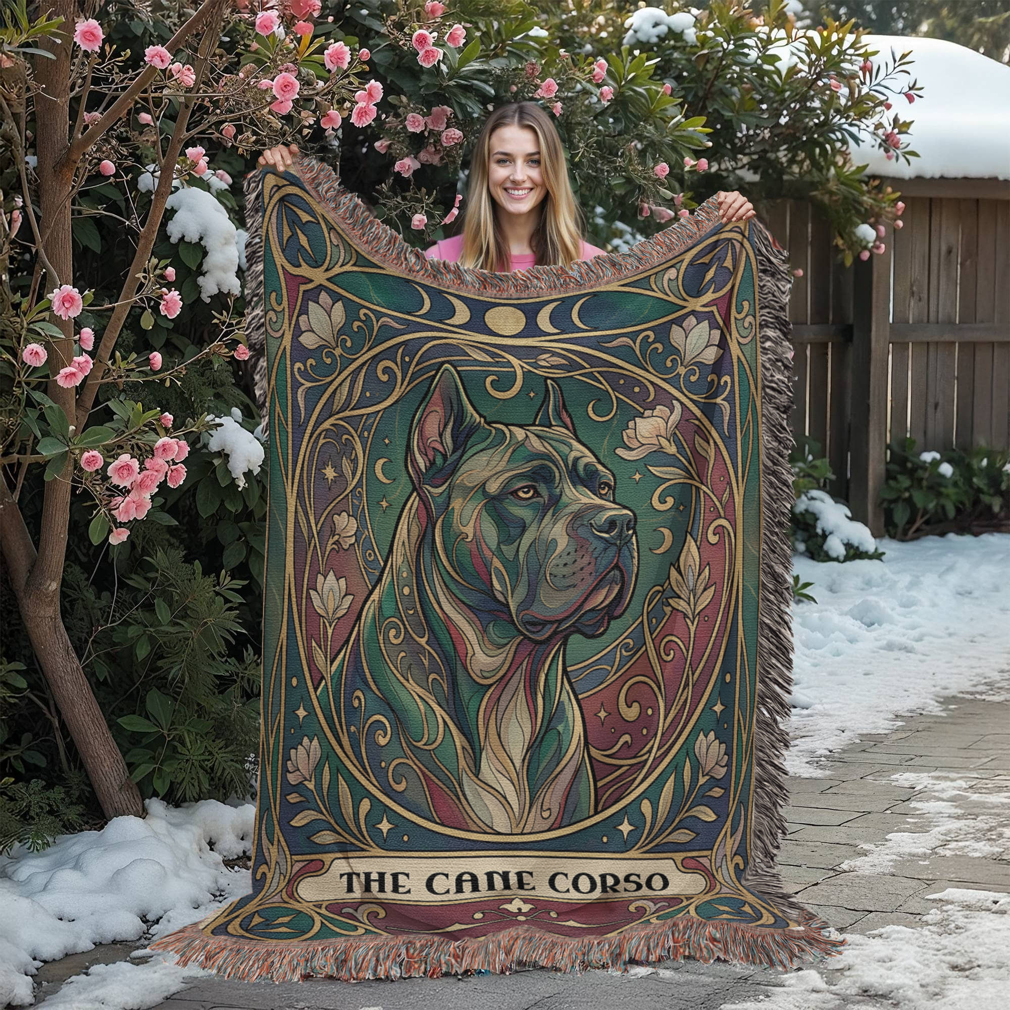 🐾 Woven Blanket Tarot - Cane Corso Gold Flowers