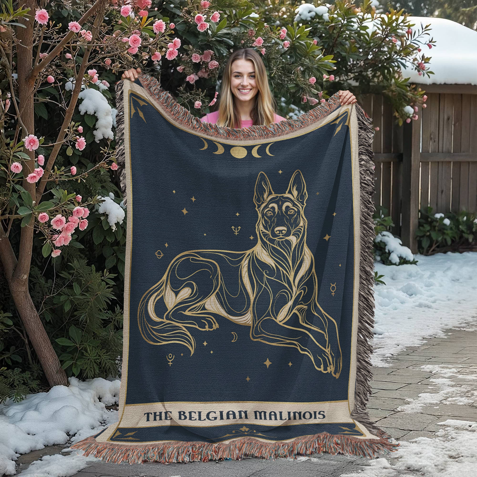 🐾 Woven Blanket Tarot Card - Belgian Malinois Celestial