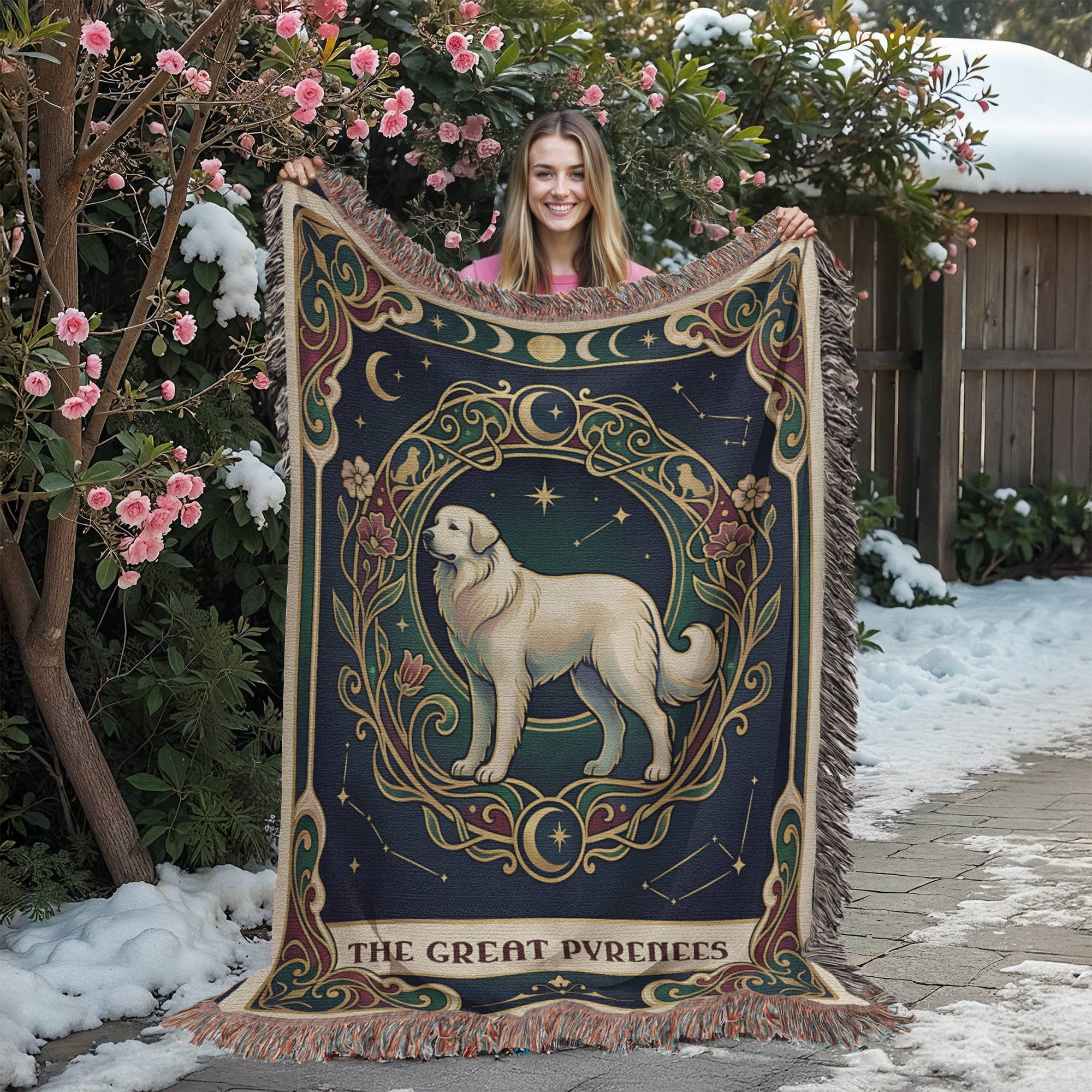 🐾 Woven Blanket Tarot Card - Great Pyrenees Green and Gold