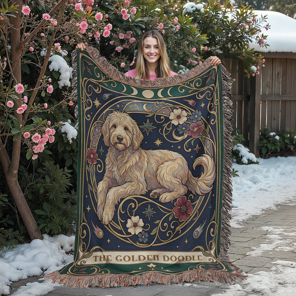 🐾 Woven Blanket Tarot Card - Golden Doodle Laying in flowers