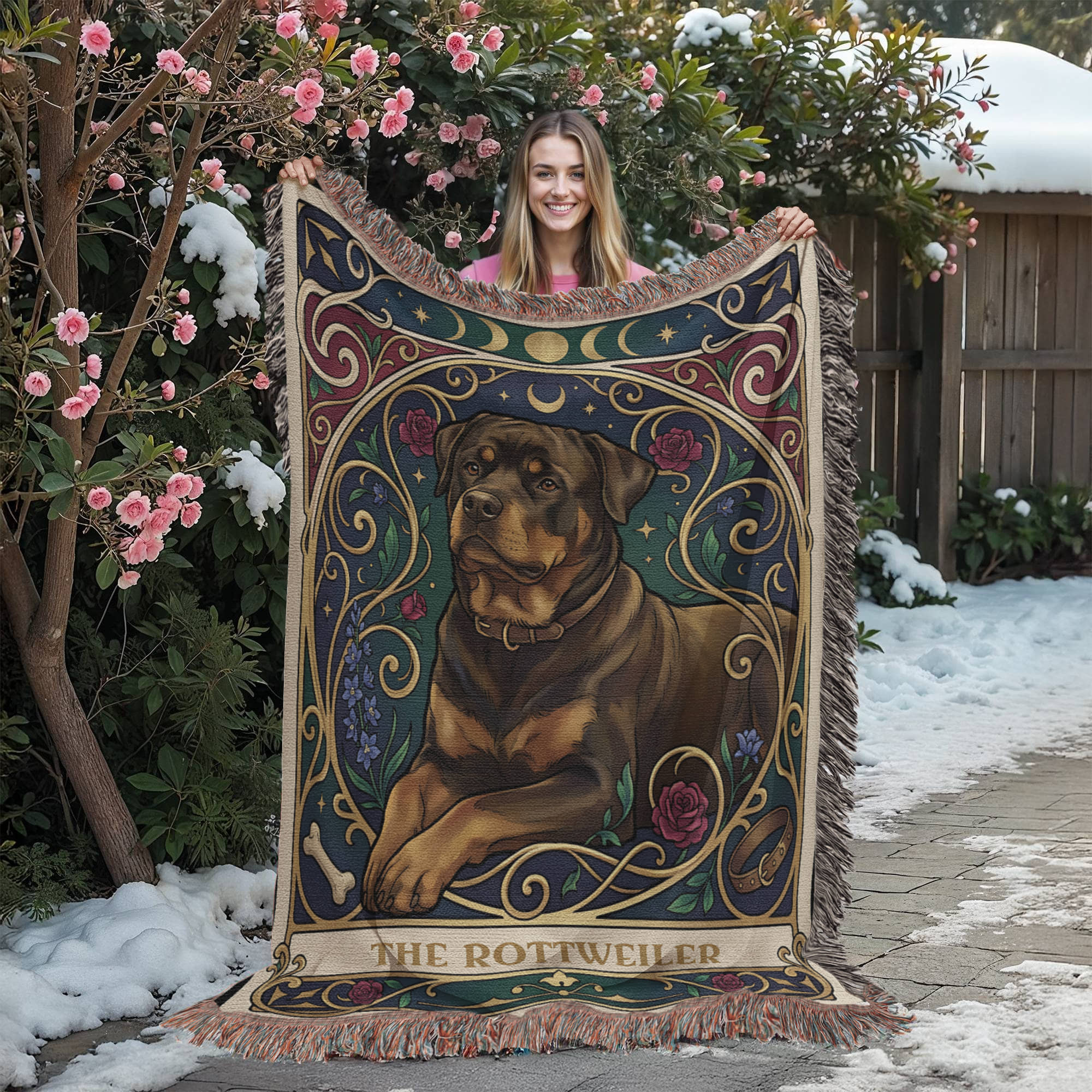 🐾 Woven Blanket Tarot Card - Rottweiler Roses