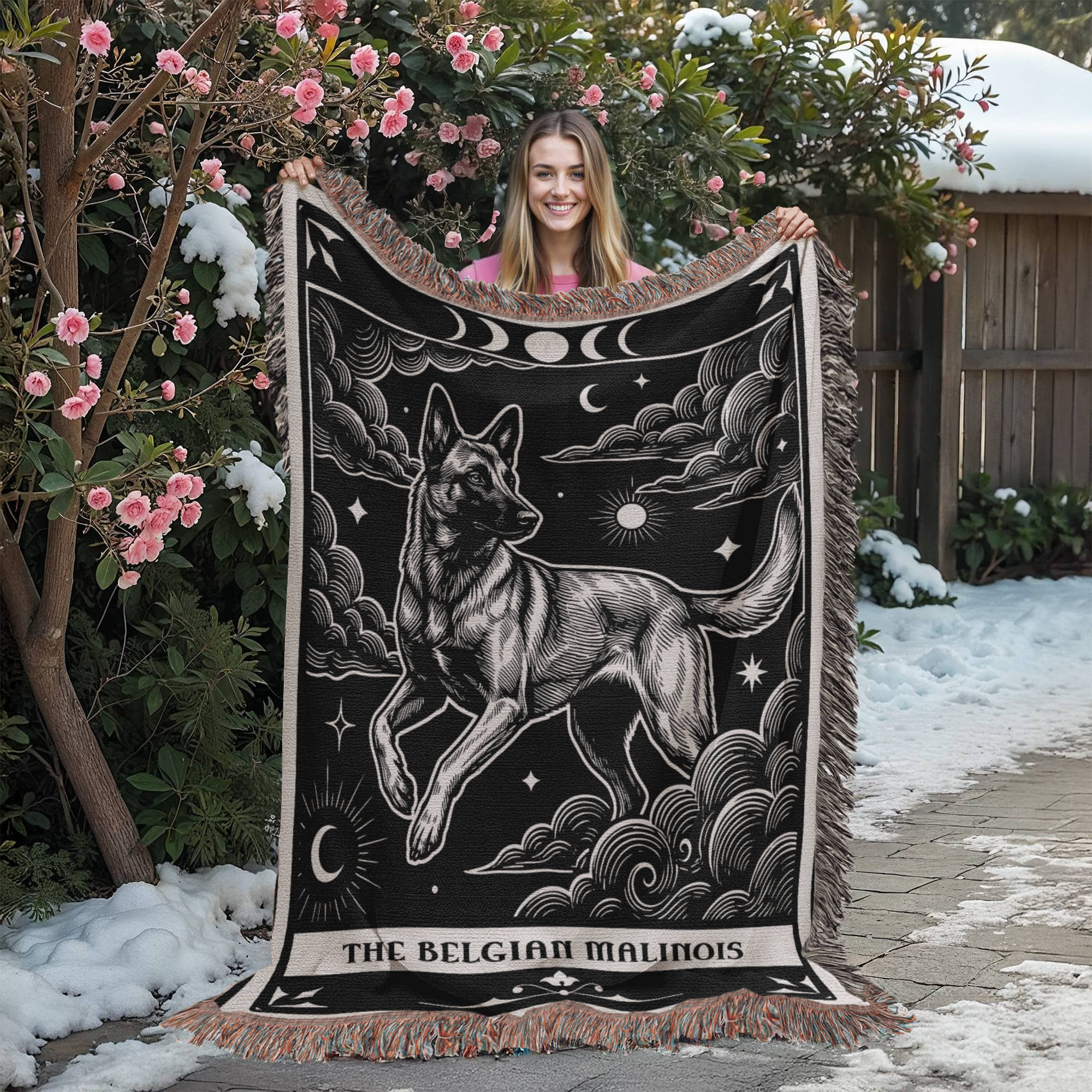 🐾 Woven Blanket Tarot Card - Belgian Malinois Black & White