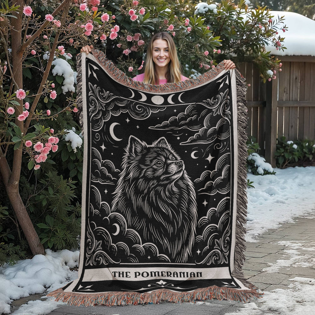 🐾 Woven Blanket Tarot Card Pomeranian Black and White