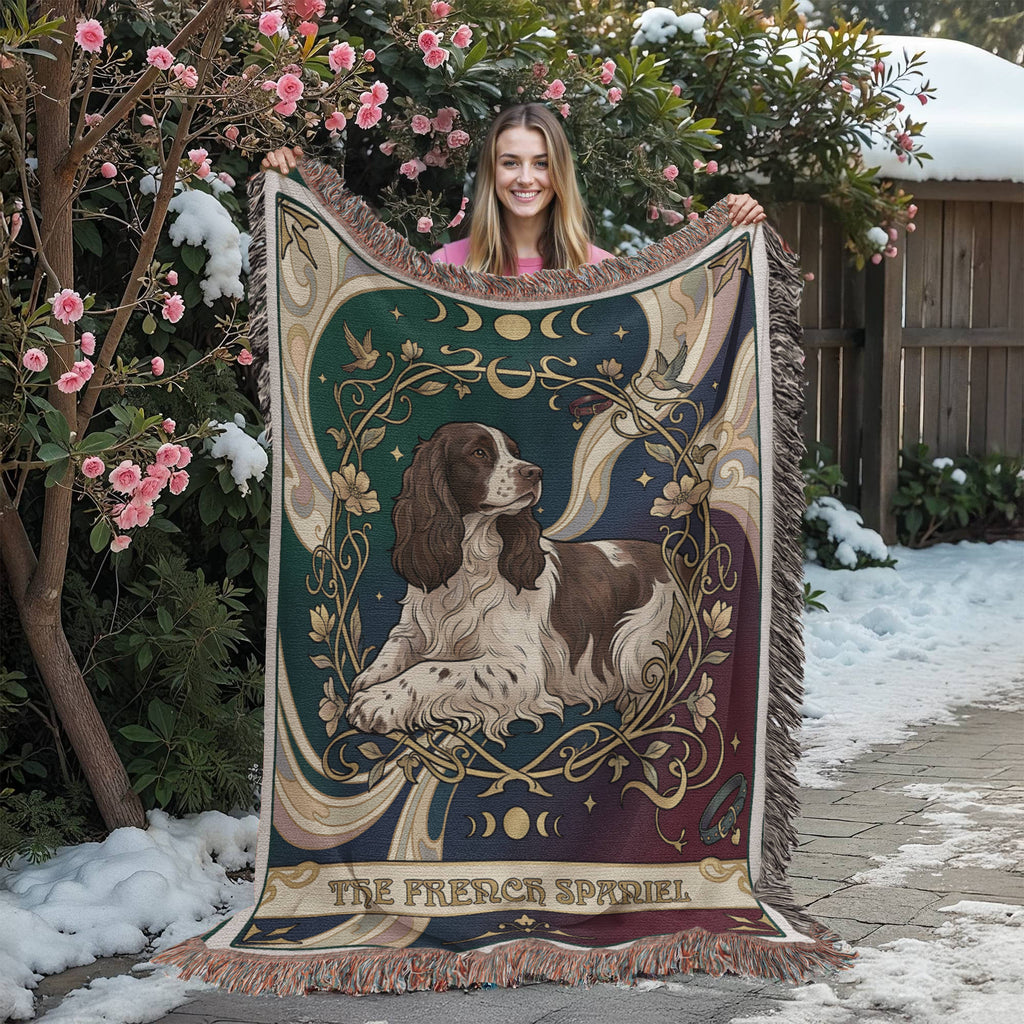 🐾 Woven Blanket Tarot Card - French Spaniel Laying Down