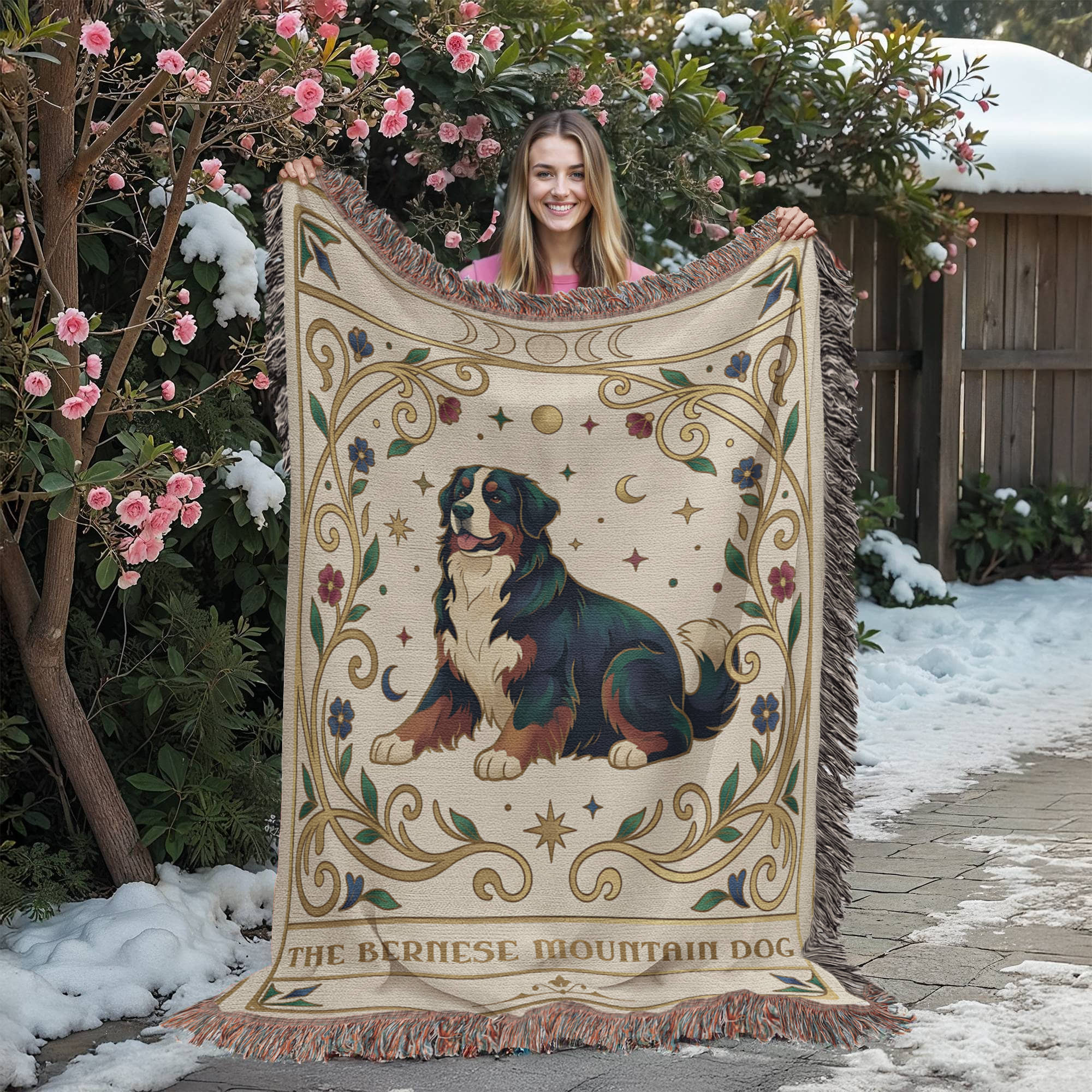 🐾 Woven Blanket Tarot Card - Bernese Mountain Dog - Flowers