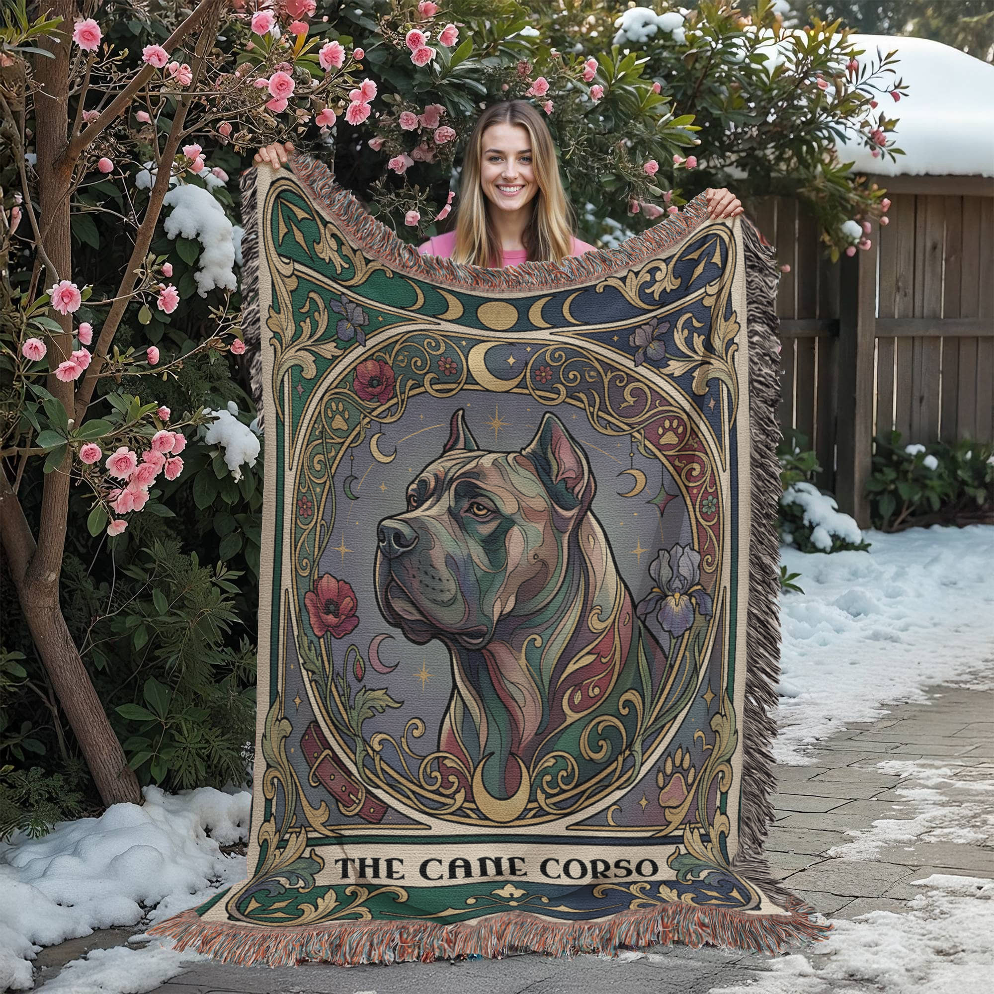🐾 Woven Blanket Tarot Card- Cane Corso Flowers