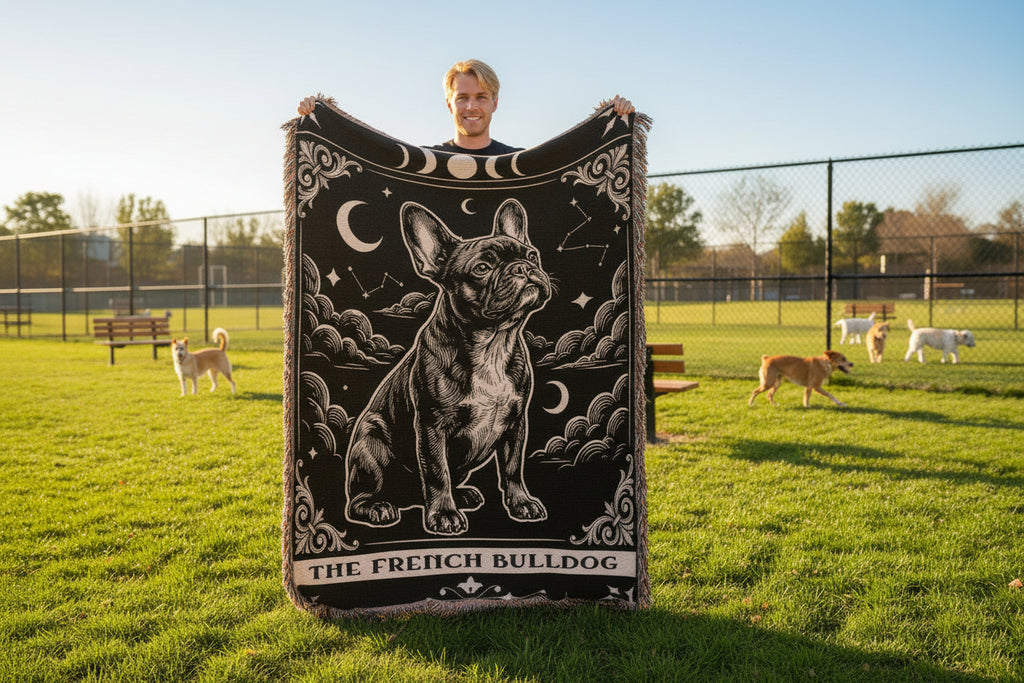 Person holding a blanket with a French Bulldog design in an outdoor setting with dogs in the background.