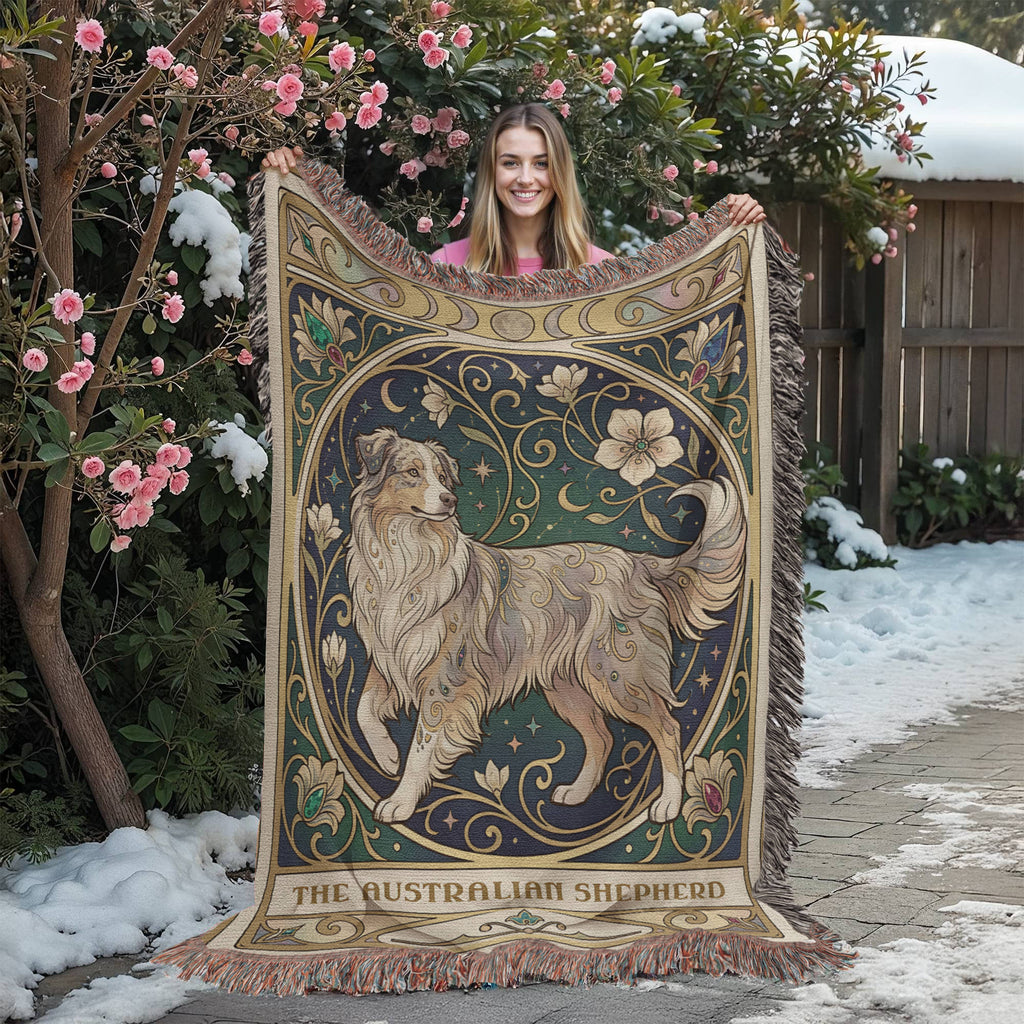 Australian Shepherd Art Nouveau Tarot Woven Blanket - Heirloom Cotton Throw