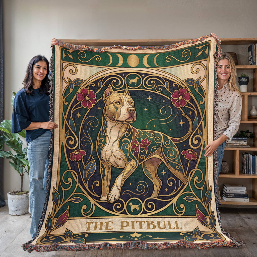 Pitbull Stained Glass Art Nouveau Tarot Woven Blanket - Heirloom Cotton Throw