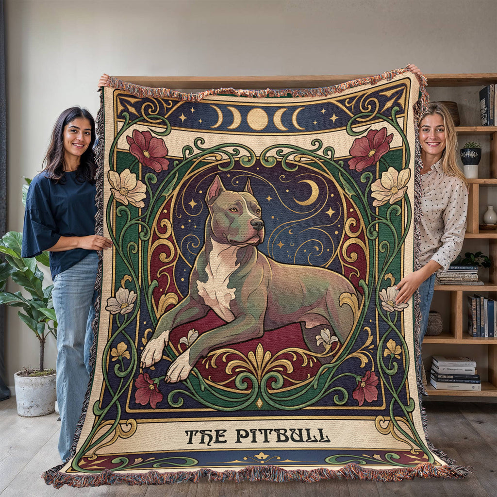 🐾 Woven Blanket Tarot Card - Pitbull laying with flowers
