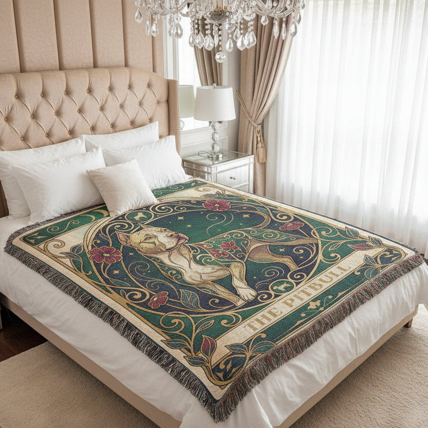 Decorative blanket with a central design on a bed in a stylish bedroom.
