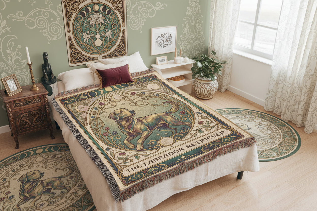 🐾 Woven Blanket Tarot Card - Labrador Retriever Green & Gold