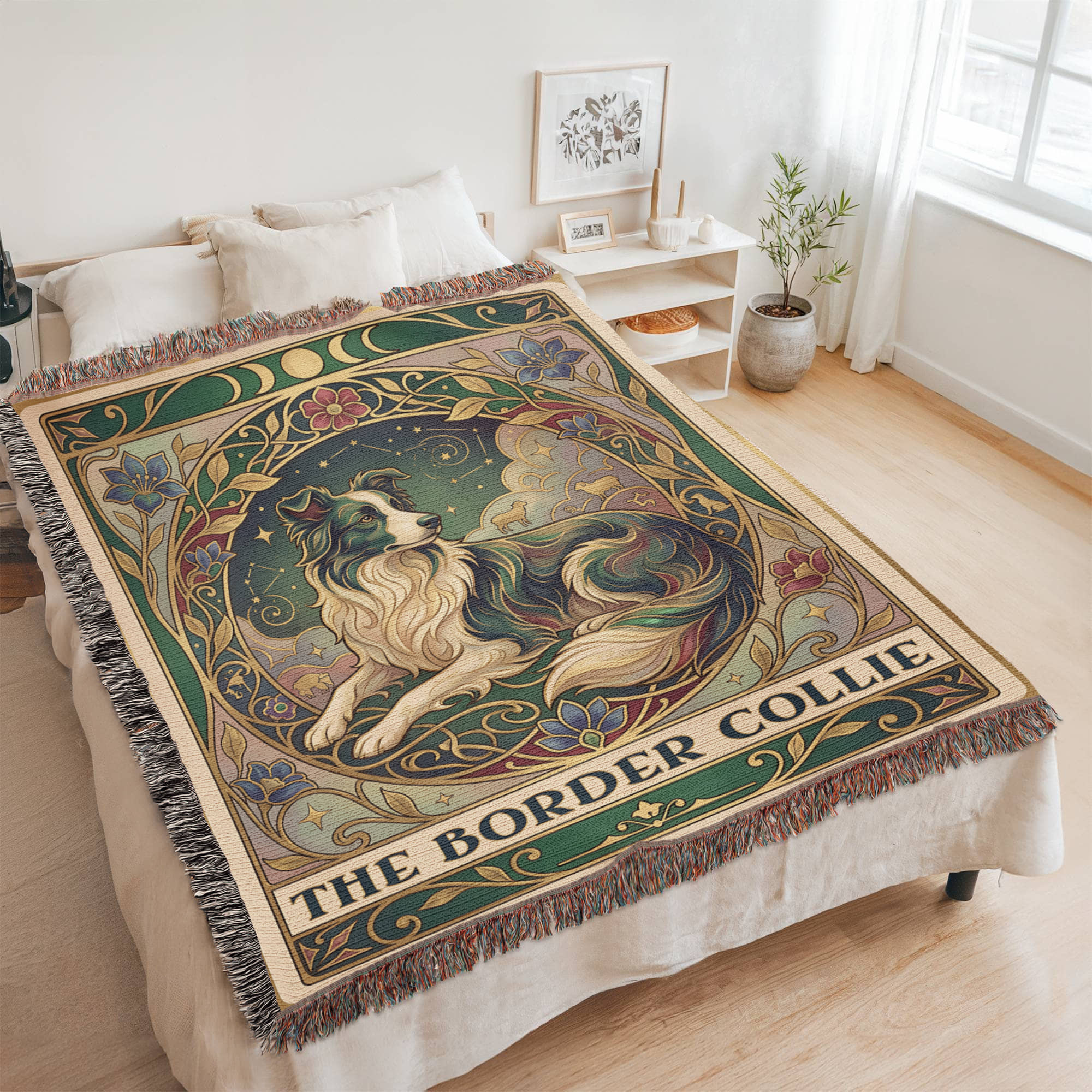 🐾 Woven Blanket Tarot Card - Border Collie Green & Gold