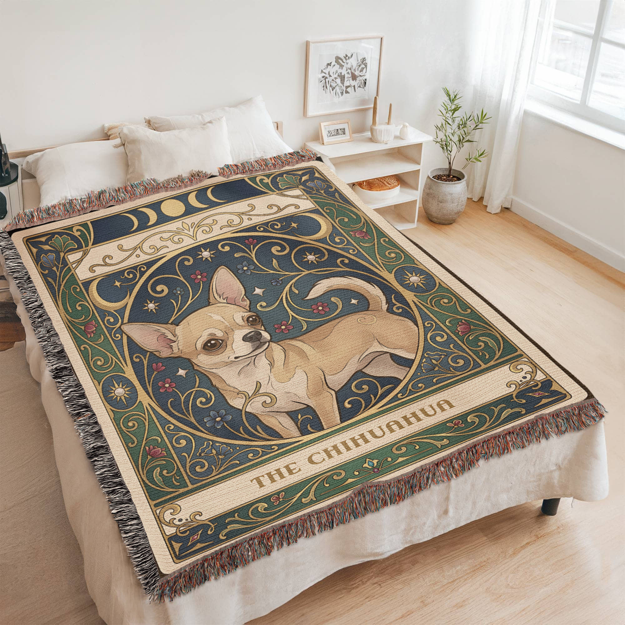 🐾 Woven Blanket Tarot Card - Chihuahua Golden Flowers