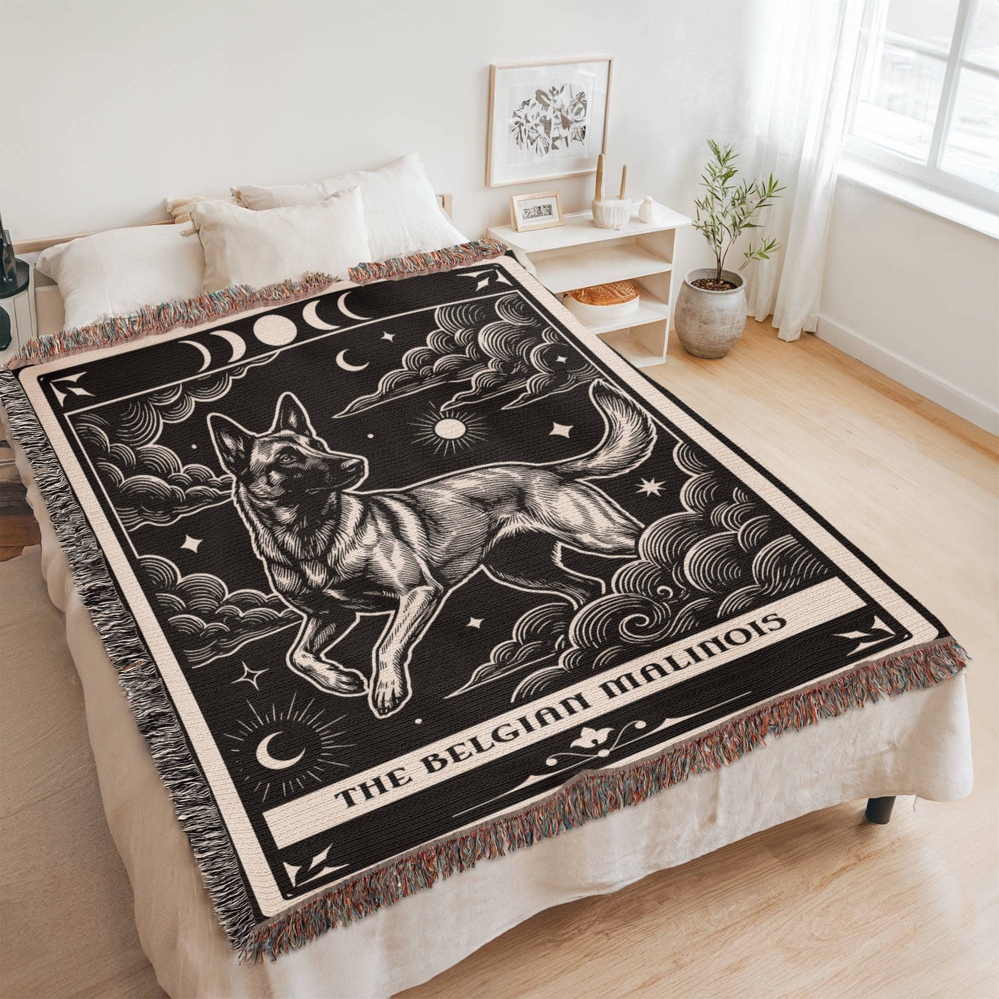 🐾 Woven Blanket Tarot Card - Belgian Malinois Black & White