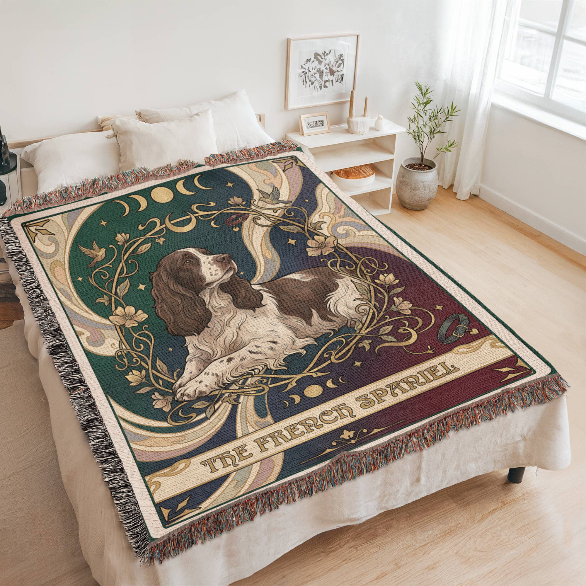🐾 Woven Blanket Tarot Card - French Spaniel Laying Down