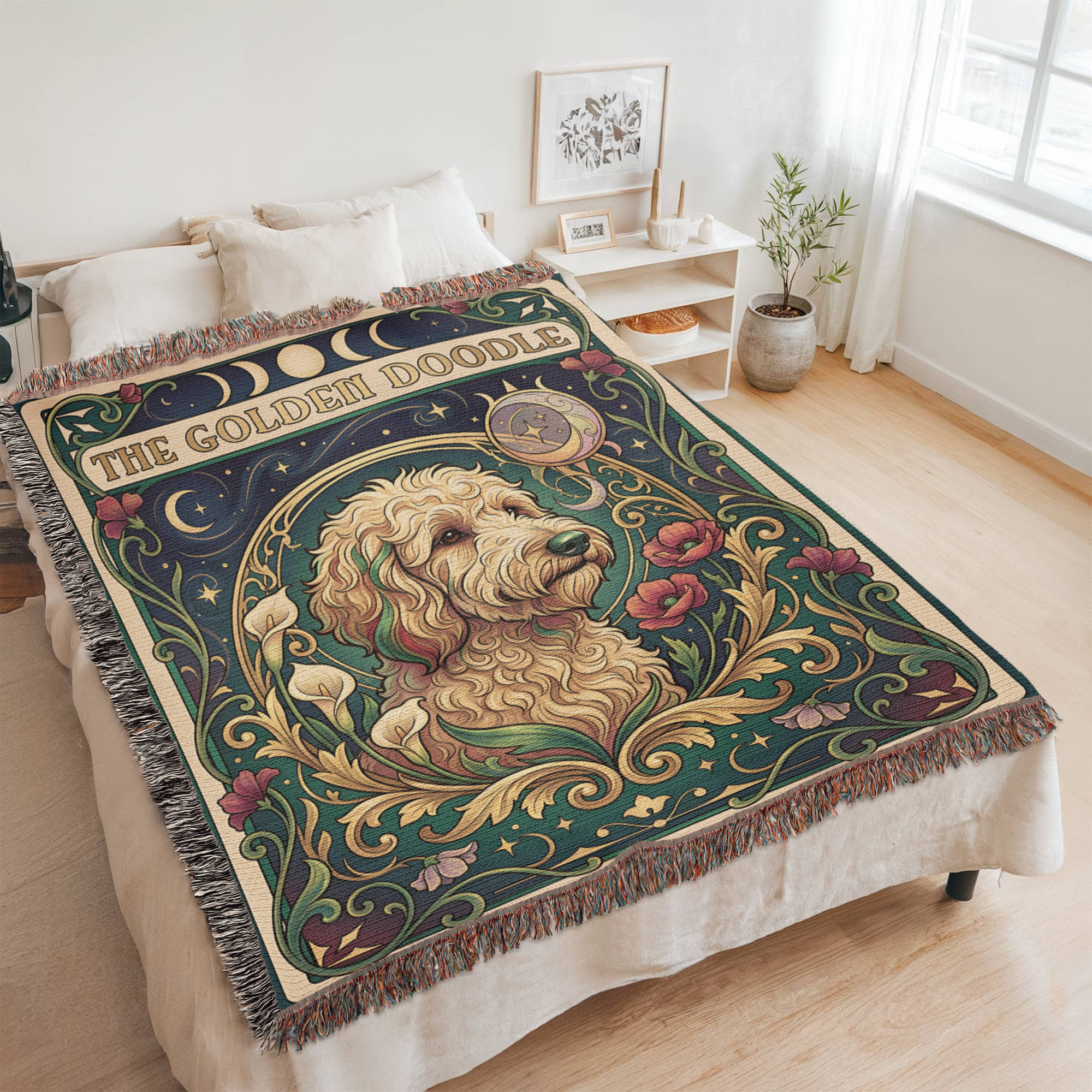 🐾 Woven Blanket Tarot Card - Golden Doodle Lillies